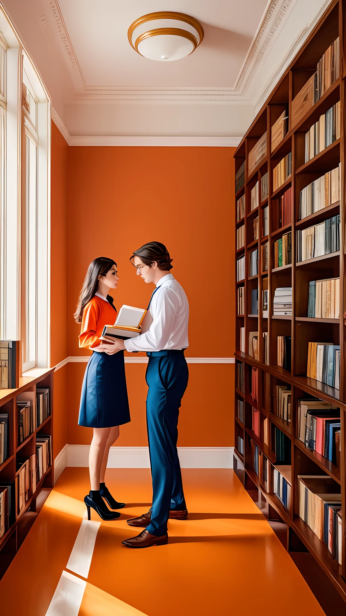 **A male lawyer and a female lawyer in a room with neutral colors, with a bookshelf filled with legal books. Clean orange background, Wes Anderson-style movie cinematic shot, ultra-realistic, 4K, more details, zoom 2, Sharp --auto --s2