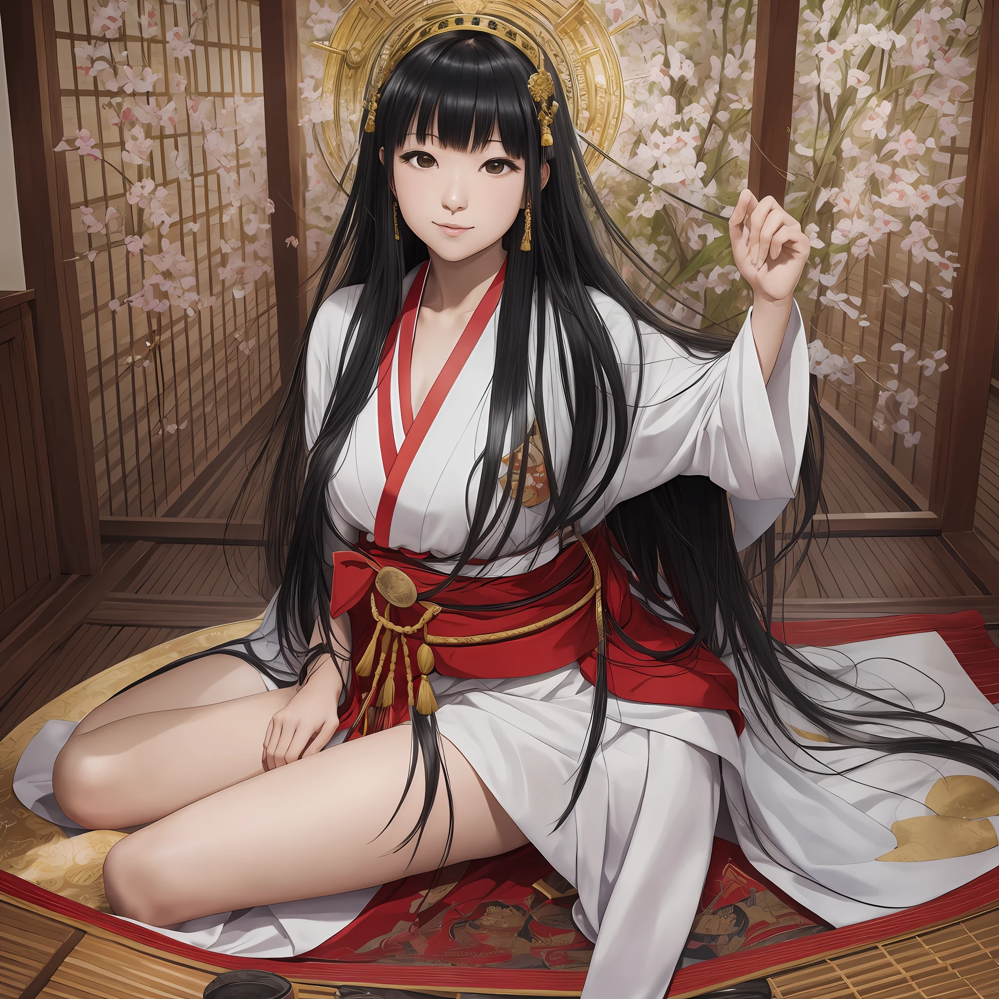 NSFW, 8K Raw Photography, Best Quality, Masterpiece, Ultra HD, Film Grain, filmg, 1girl, Watch Viewer, Natural Skin Texture, Realistic Eye and Face Details,
Japanese. , 1 8 years, 1 person,
Occupation is priestess, wearing a priestess costume (white kimono, vermilion hakama), wearing white tabi boots,
, Akiko Takase, Kazue Kato, , Aya Takano, Etsuko Miura, Gengee, Tsugumi Oba, Chiho, Rinko Kawaichi, Takeyuki Kanda, 
Height 158 cm, weight 53 kg, bust 83 cm (D cup), waist 61 cm, hips 86 cm, simple priestess,
smooth black hair, bangs,
The place is the main shrine of a large shrine in Japan, lying on the altar, as an offering to the gods, disheveled black hair, looking at the viewer with a smile from the front, solo , full body --auto --s2