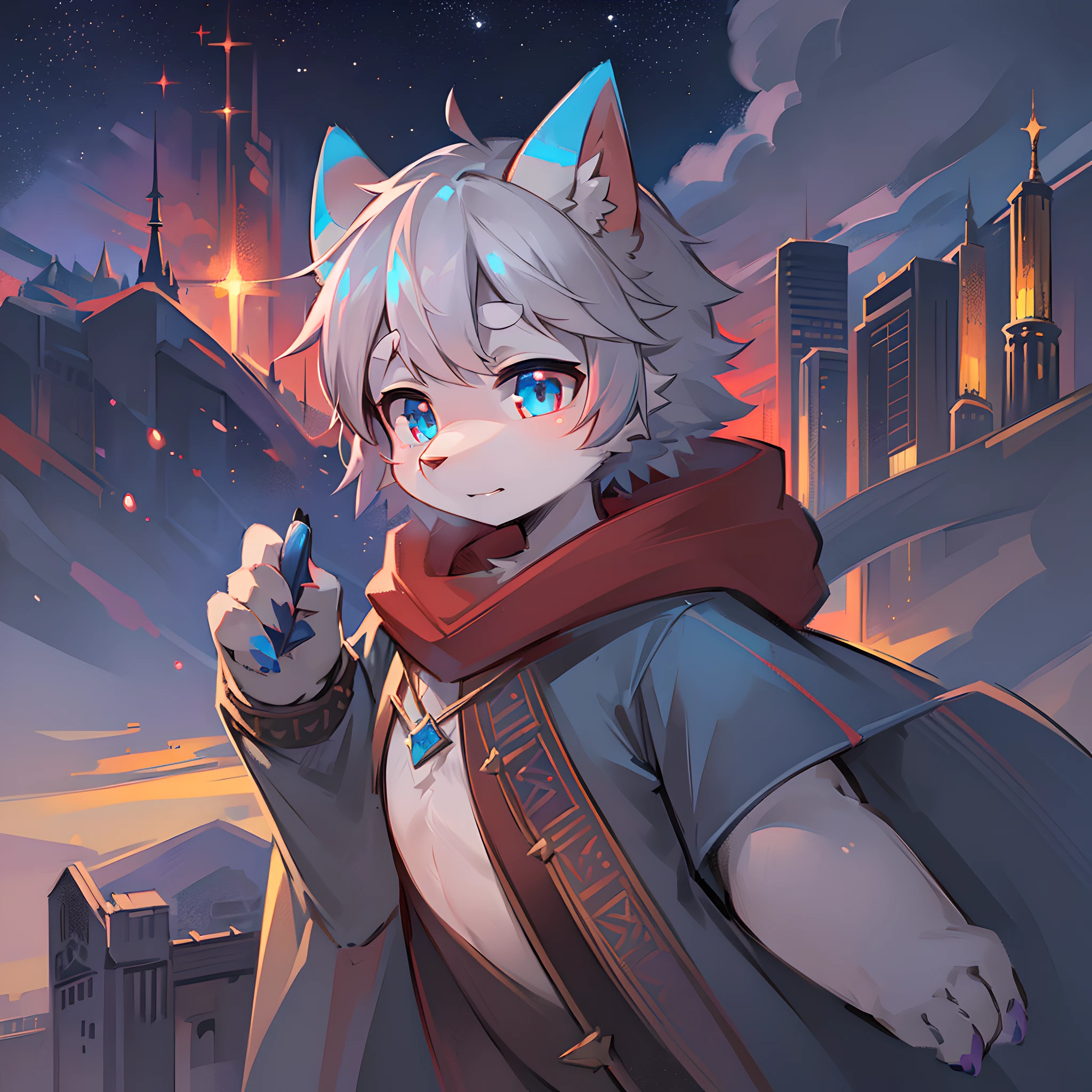 Bright environment, high quality, (toddler, dragon, neutral, animal: 1.6), absurd res, digital painting \ (artwork), (dragon, fluffy fur, character focus: 1.4), short hair, portrait, (bright eyes, left eye red, right eye blue: 1.2), (short dragon horn: 1.4), panorama, (character focus: 1.3). (detailed background: 0.9), solo, furry, furry neutral, neutral focus, (please action: 1.7), (full body fur, furry tail, red and blue fur, red and blue eyes, gray hair: 1.4), (small wings: 1.7), (long canine: 1.0), king, (red cloak: 1.1) (towers of god, blue towers, violet, blue, red, god, red sky, violet sky, starry sky, stars, starry towers, starry god, light blue, civilization, order: 1.4), (magic array, magic particles, magic: 1.4), (face details, ear details: 1.1), cute, avatar