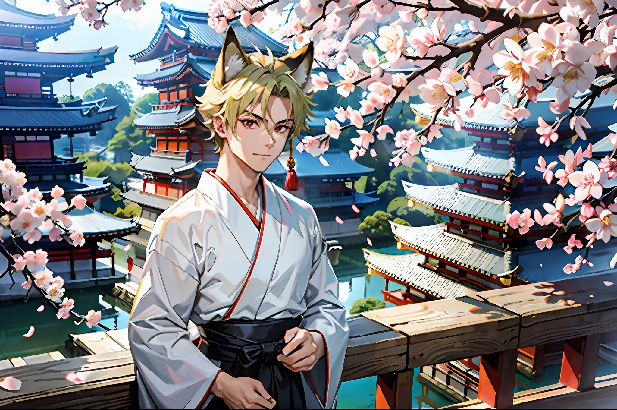 (Representative work: 1.4, highest quality, 8k), (2 boys: 1.6), (blonde spiked hair and red eyes, fox ears and tail: 1.1), (short green hair and big eyes, raccoon ears and tail: 1.2), (Japan Shinto priest, white and light blue hakama: 1.3), cherry blossom viewing on the balcony, background is a temple in Kyoto.