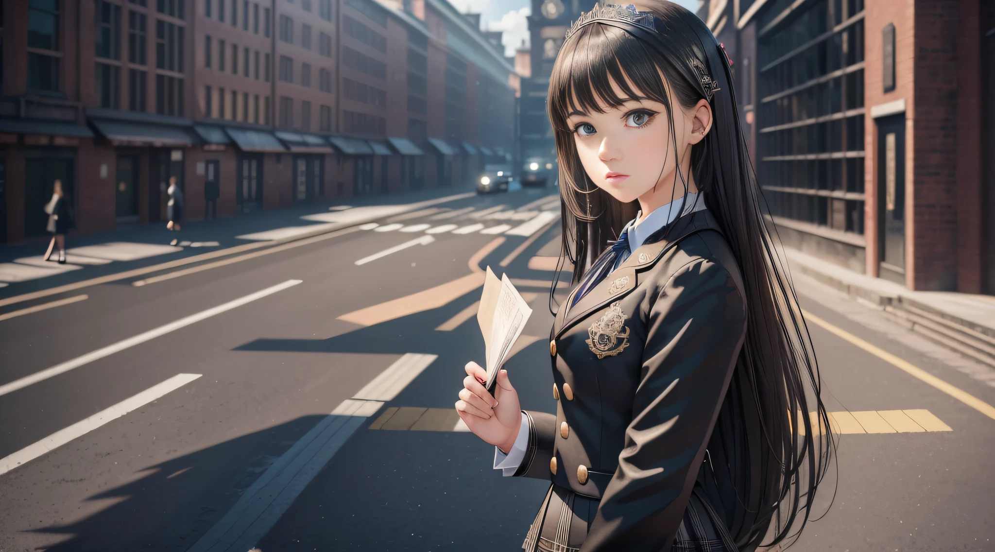 ((masterpiece)), (((best quality))), ((ultra-detailed)), (Amazing:1.1), black school uniform, high school girl standing at platform, concept art, raw, detailed background, complex background, wallpaper, poster, sharp focus, hyperrealism, insanely detailed, lush detail, filigree, intricate, crystalline, perfectionism, max detail, 4k uhd,