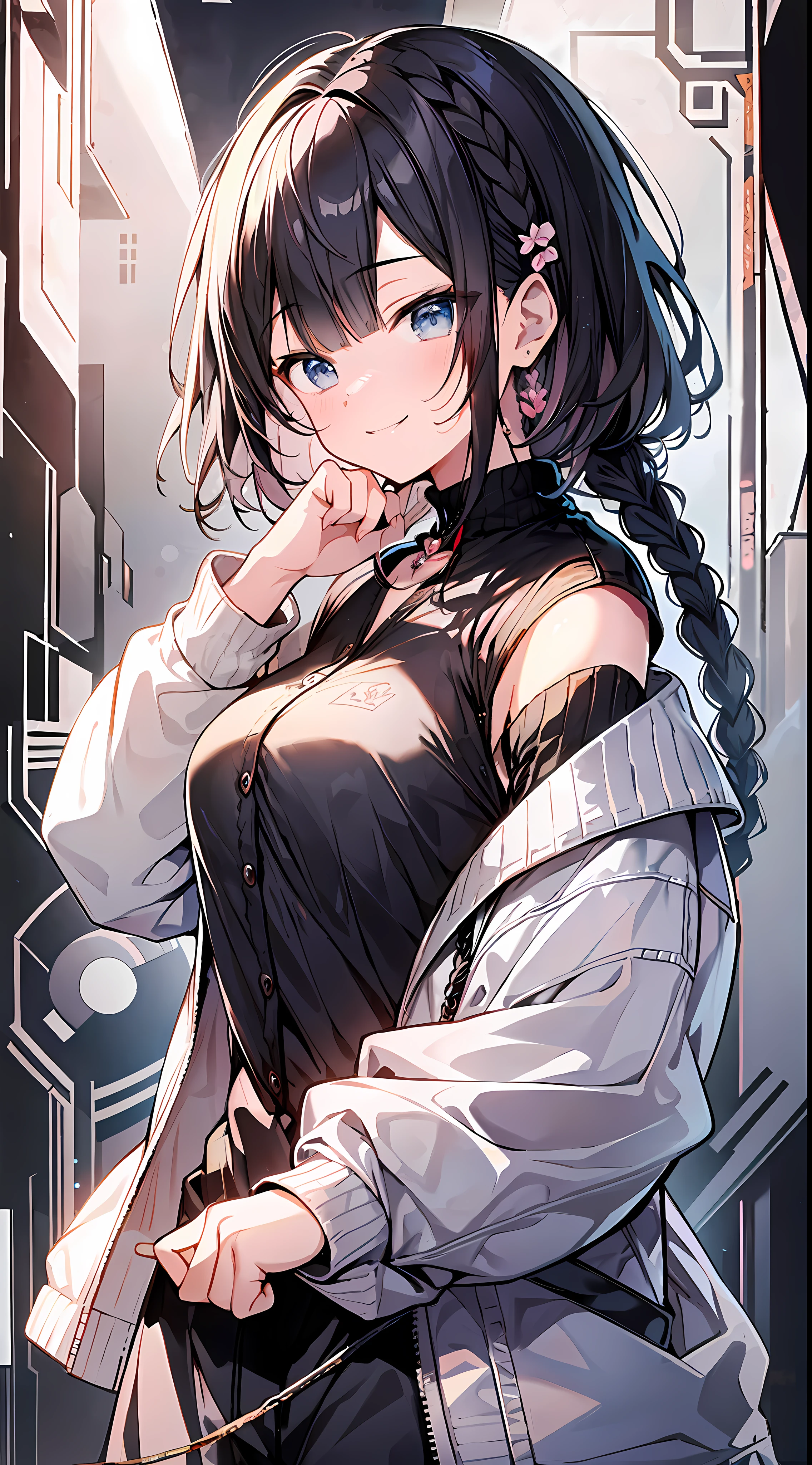 Anime girl with long black hair and blue eyes standing in a city ...