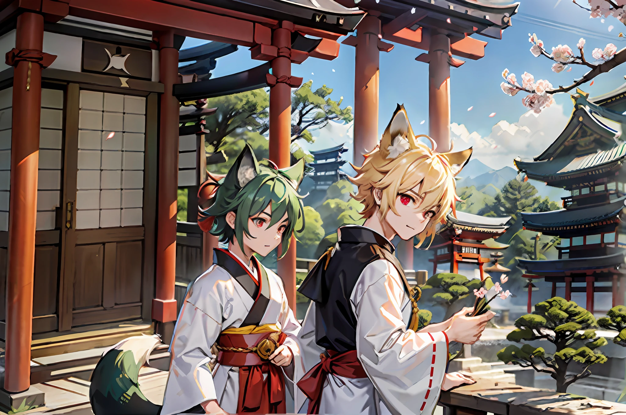 (Representative work: 1.4, highest quality, 8k), (2 boys: 1.6), (blonde spiked hair and red eyes, fox ears and tail: 1.1), (short green hair and big eyes, raccoon ears and tail: 1.2), (Japan Shinto priest, white and light blue hakama: 1.3), cherry blossom viewing on the balcony, background is a temple in Kyoto.