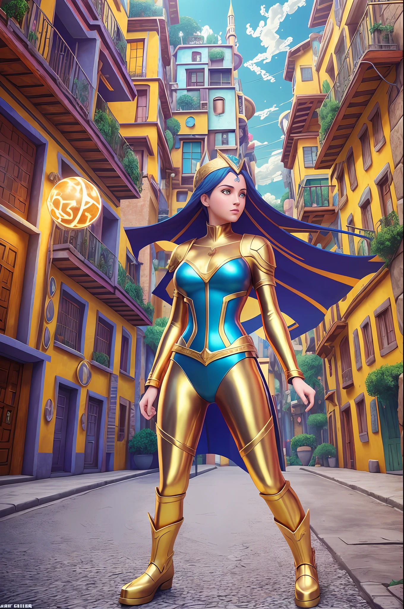 Film still, mid shot, full Body, Action Movie Photography, 3D digital artwork, photorealistic, new pixel art for a girl with a gold heart, in the style of Julie Dillon, mythological iconography, raw versus finished, vibrant, Astral Dimension Dreams, contrasting colors, fra angelico, Astral Dimension, Dreams, artgerm, gold and amber, Hundertwasser Style Background, low light, trending on artstation, 32k, masterpiece, graffiti paint, fine detail, brilliant color, intricate detail, golden ratio illustration, Unreal Engine 5, 3ds max, Corona Render, V-Ray, hyperrealism, fine Poster effect, 3ds max, Corona Render, V-Ray, hyperrealism, full Body, realistic skin texture, photo realistic, city lights, Low saturation, masterpiece, global illumination, --auto --s2