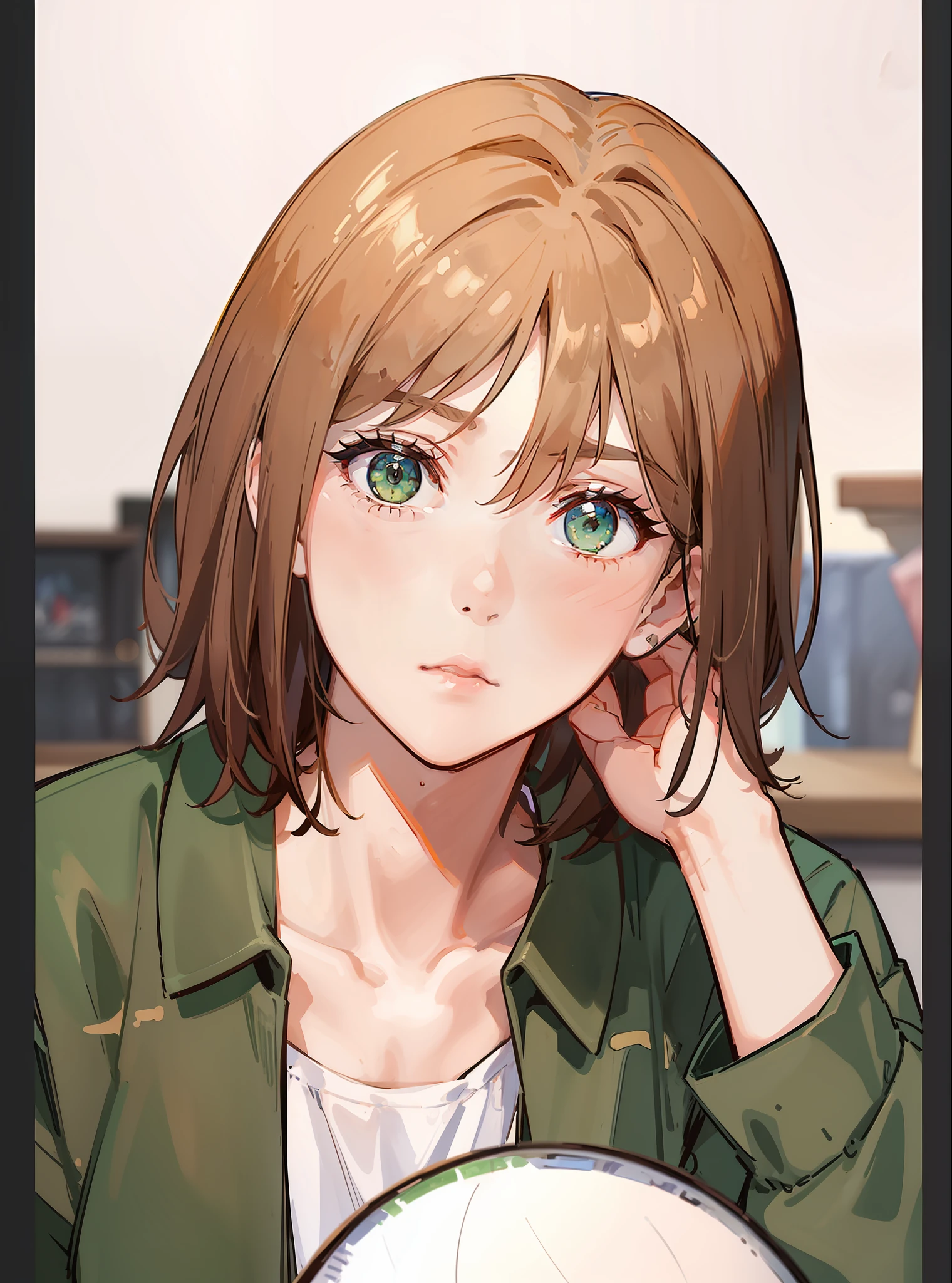 (((1girl))), ((toned)), female focus, masterpiece, high quality, (masterpiece:1.2), (best quality:1.2), bright, realistic, ornate, intricate, ((brown hair)), (short hair), green eyes, bangs, hair between eyes, hair_stick, sad_girl, green_clothes, soil, hair_bun, hair_ornament, hair_pin, holding_fan, paper_fan, sad, looking_at_horizon,((looking at the horizon)), sad pupils