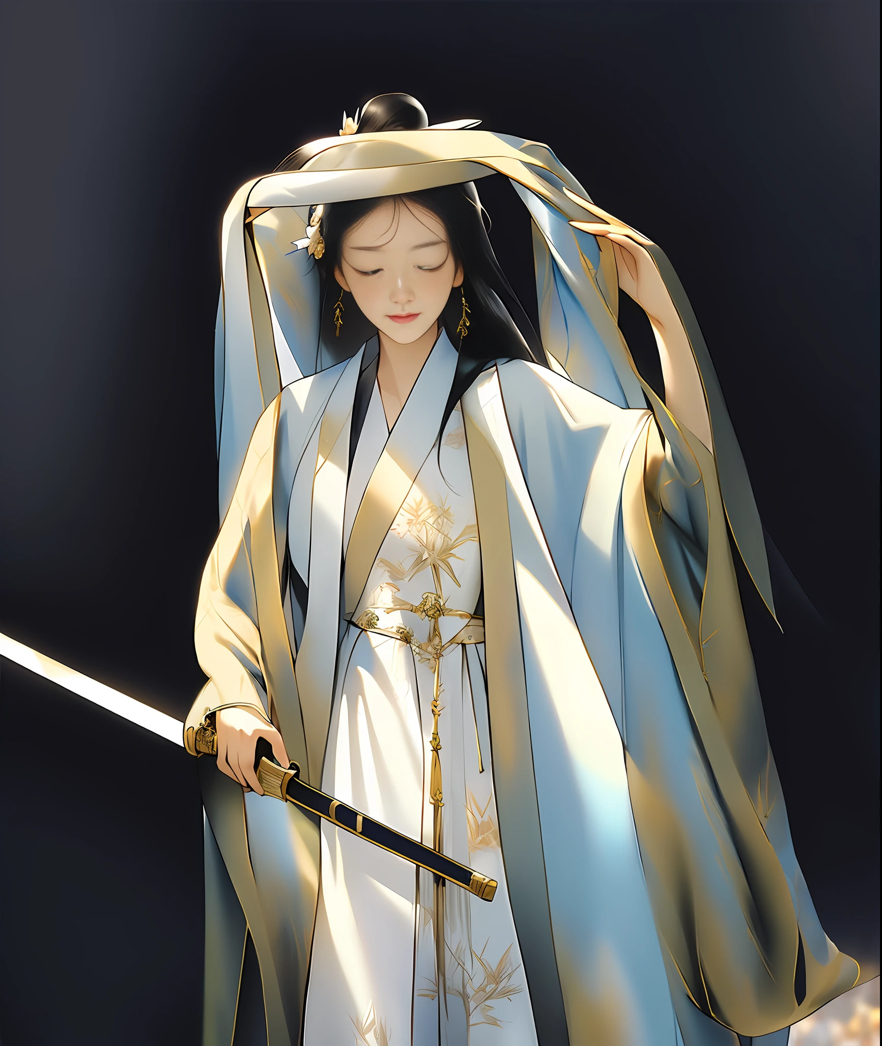 (masterpiece),(best quality),Unified 8K Wallpapers,Ultra Detailed,(fractal art:1.2), Anime,
1 girl, black hair, bamboo leaves, Chinese clothing, closed eyes, facing the audience, long hair, long sleeves, solo, sword, weapon, white Hanfu, long sleeves, solid background,