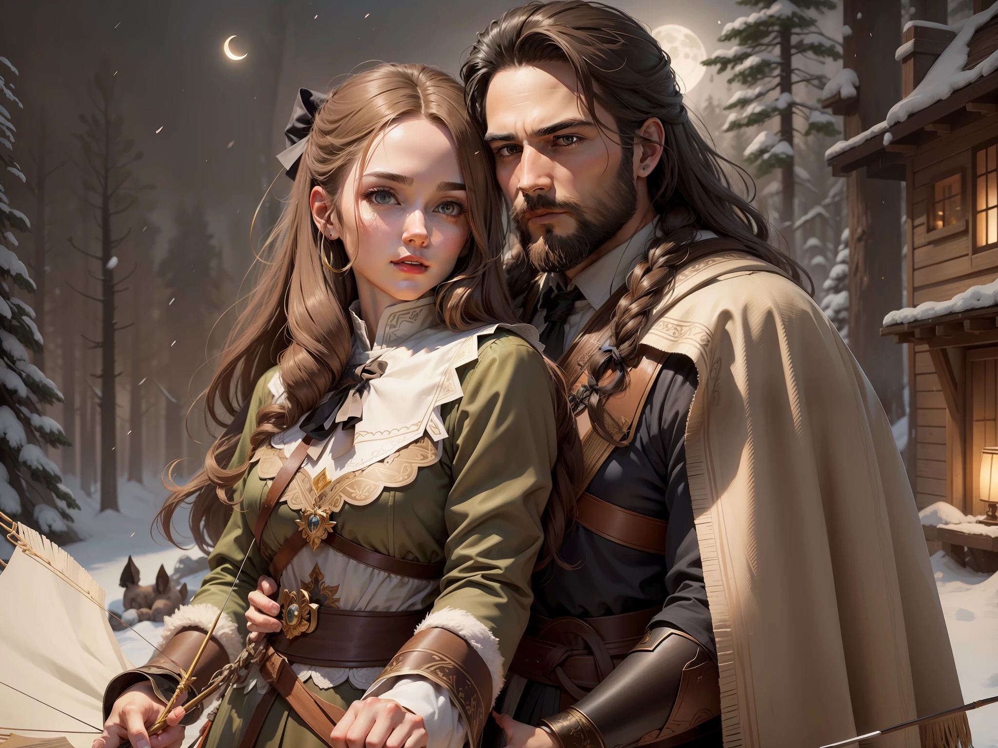 Drawing style, physical traces of the image she brown hair and looking forward,he black hair and thin beard, forest night background, with moonlight in them. She with bow and arrow in her hands more warrior clothes.