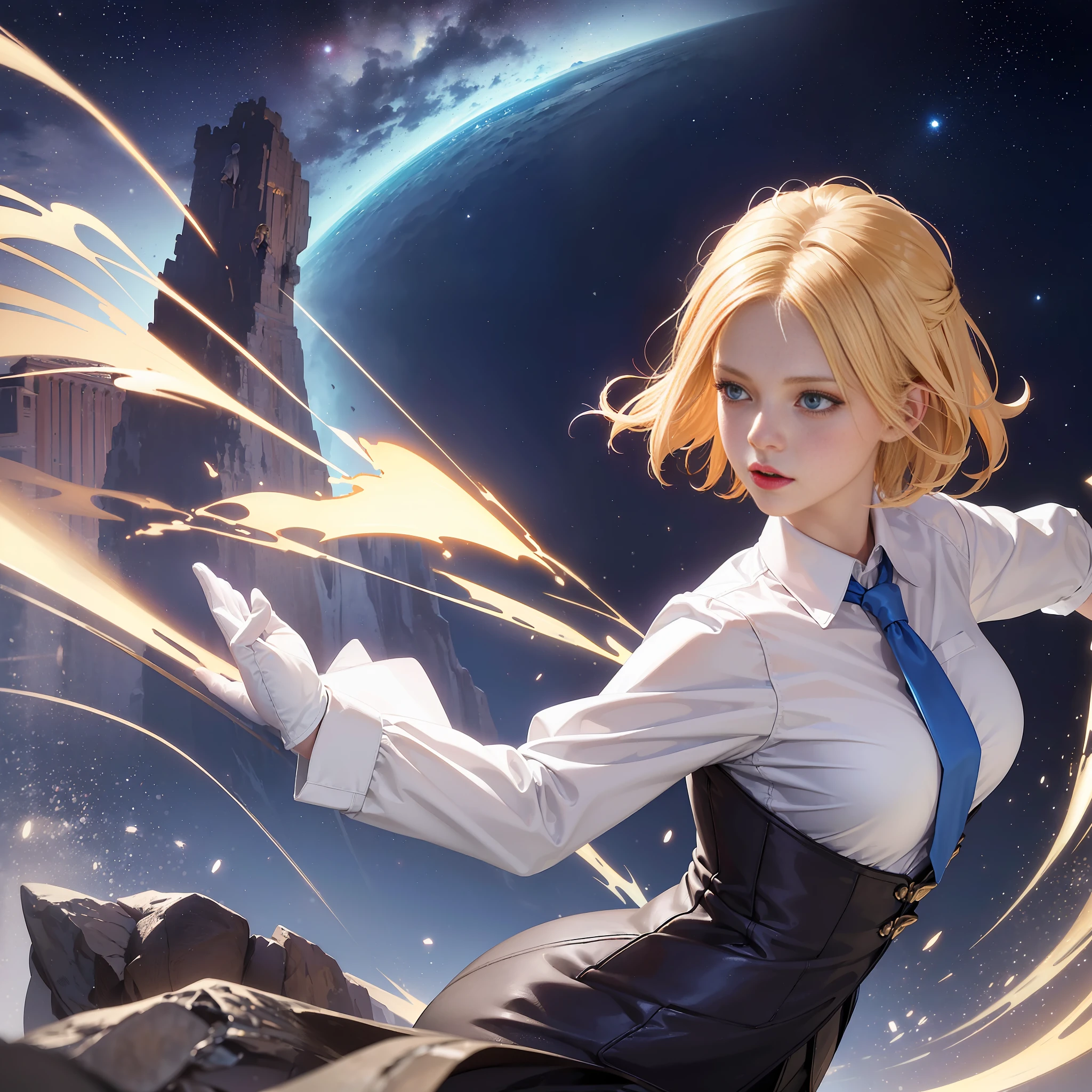 (((1 girl, cute, white-collar office clothes, gloves, blonde hair, short hair, wave head, side split hair, blue eyes))), (((blonde)), dynamic pose, comic book style, depicts a group of characters in various action scenes, from intense combat to relaxing moments, with dramatic speed lines and bold sound effects, capturing the excitement and energy of the story, lasers emitted by the palm, attacking forward with the palm, Grand Canyon, starry sky