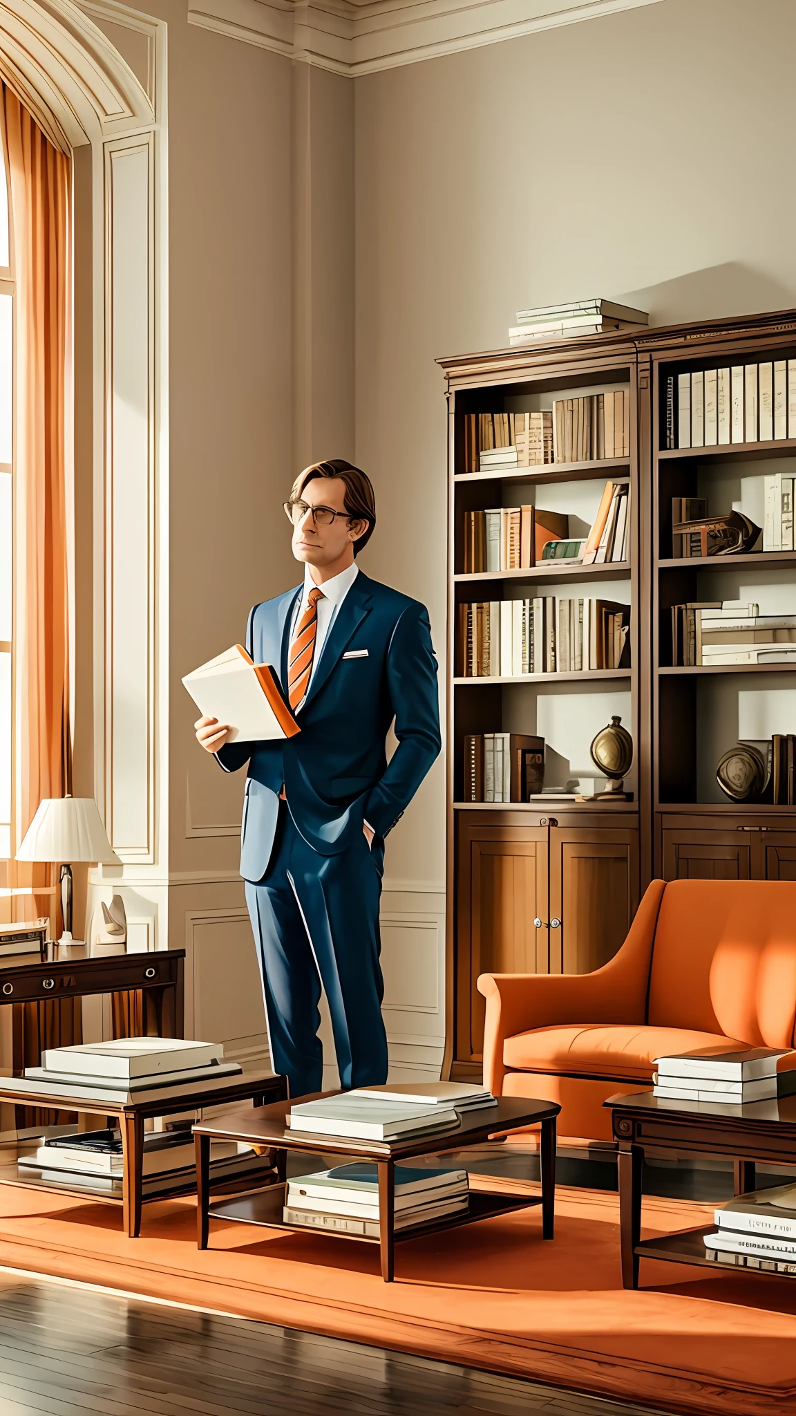 **A male lawyer and a female lawyer in a room with neutral colors, with a bookshelf filled with legal books. Clean orange background, Wes Anderson-style movie cinematic shot, ultra-realistic, 4K, more details, zoom 2, Sharp --auto --s2