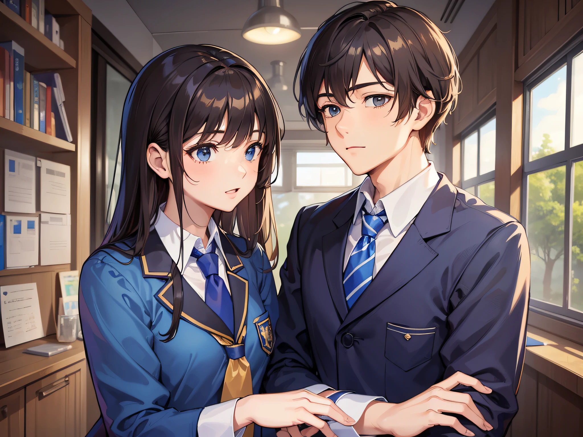 (Masterpiece, Best, Quality), a handsome young man in a blue school uniform, and a girl with brown hair in a blue school uniform