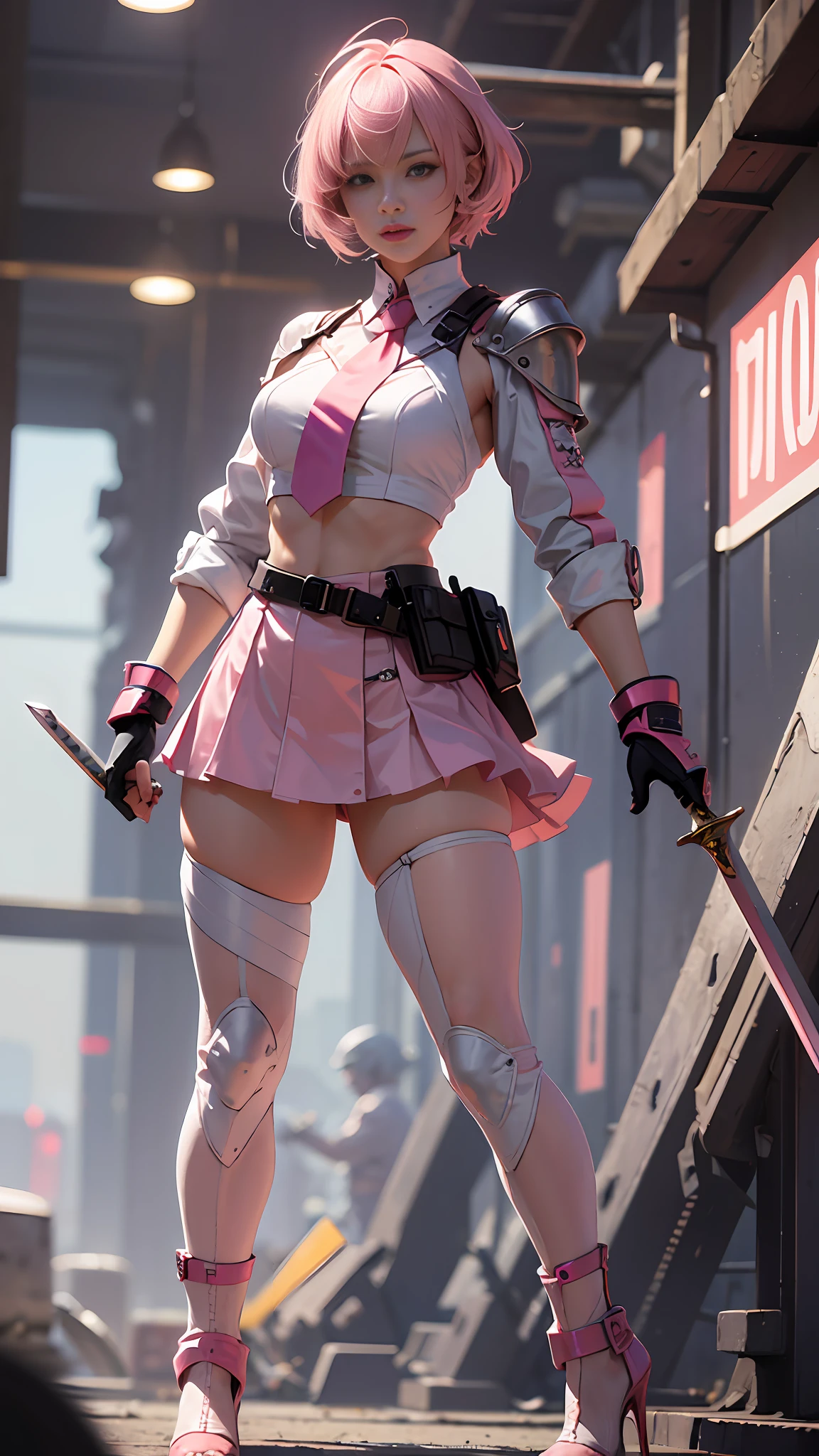 (Masterpiece), (Best Quality), Realism, Cinematic Light, Cool Pose, Battlefield Background, Perfect Figure, White Eyes, Short Pink Hair, Full Body, Long Legs, Pink Miniskirt, High Heels, Pink Longsword in Hand