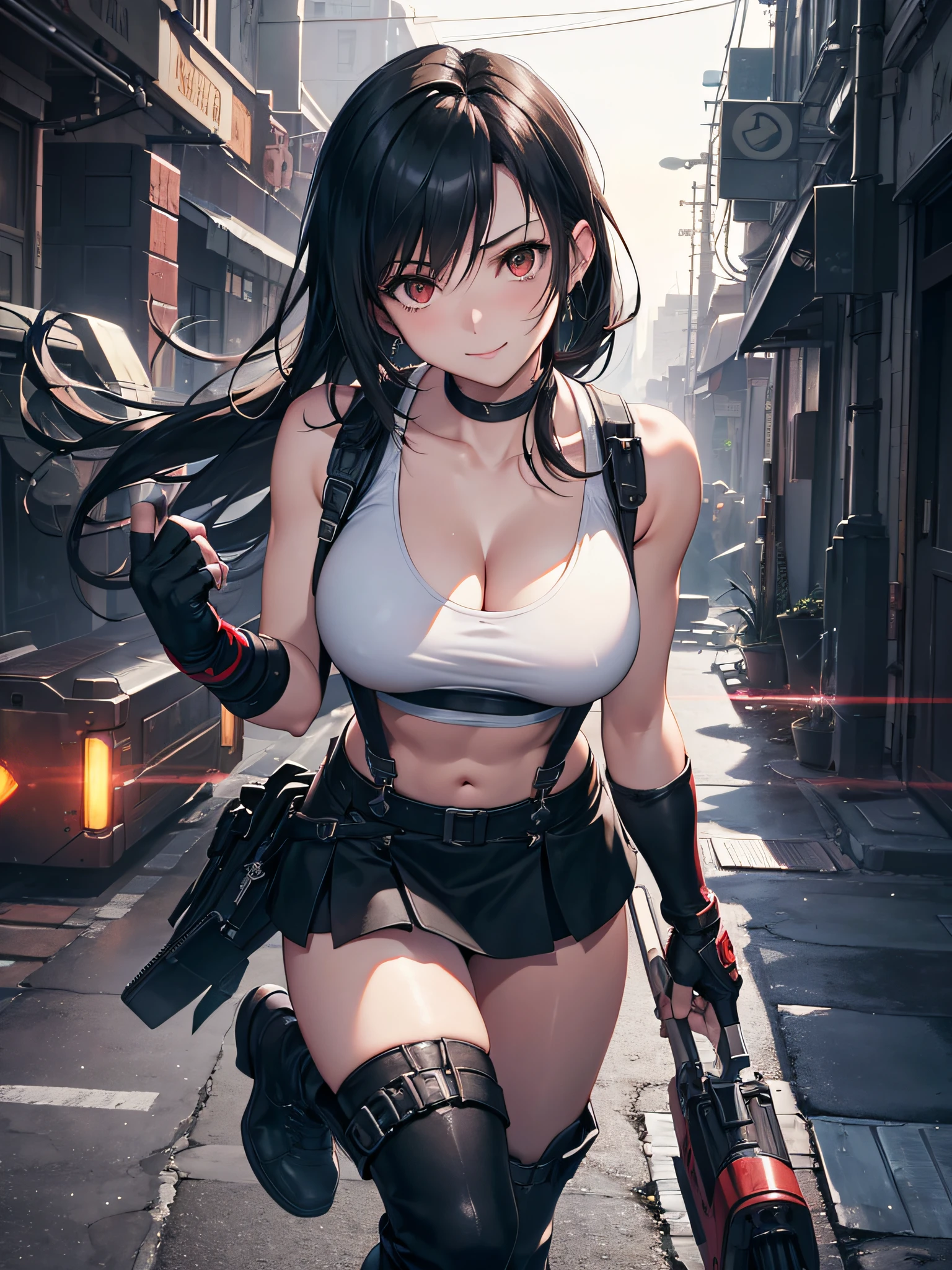 (8K, Best Quality, Masterpiece: 1.2), (Realistic, Photorealistic: 1.37), Super Detail, One Girl, Cute, Solo, (Tifa Lockhart), (Big Breasts), (Beautiful Eyes), (Smile: 1.2), Closed, Model Pose, (Green Neon), Cityscape, Depth of Field, Dark Strong Shadows, Sharp Focus, Motion Blur, Depth of Field, Composition, Final Fantasy VII, Date, (Nose Brush), Single Elbow Pads, Ankle Boots, Black Hair, Red Boots, Elbow Gloves, Elbow Pads, Fingerless Gloves, Sports Bra, Black Skirt (Suspenders), White Tank Top: 1.5, Full Body, Headrest, Beauty Face, Low Tie Long Hair, (red_eyes), (Night: 1.3), Complex, Cinematic Lighting, Photon Mapping, Radiosity, Physically Based Rendering, (Tetsuya Nomura Style), Perfect Breast, Cleavage: 1.2,