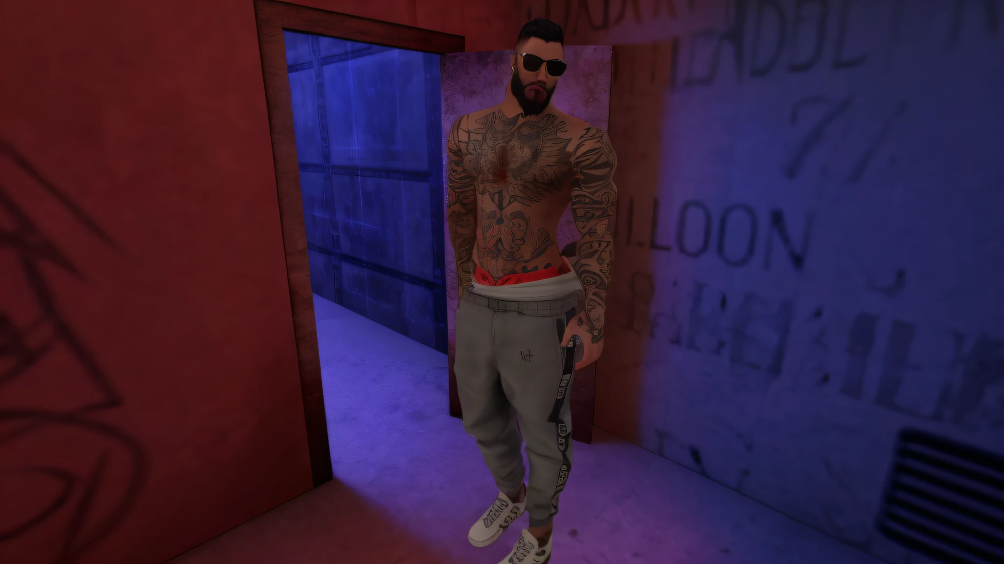 arafed man with tattoos and a beard standing in a room, imvu, second life avatar, full body shot close up, fullbody, full body shot!!, full body! shot, inspired by Ludovit Fulla, inspired by Volkan Baga, full_body!!, in the style jordan grimmer, fullbody shot