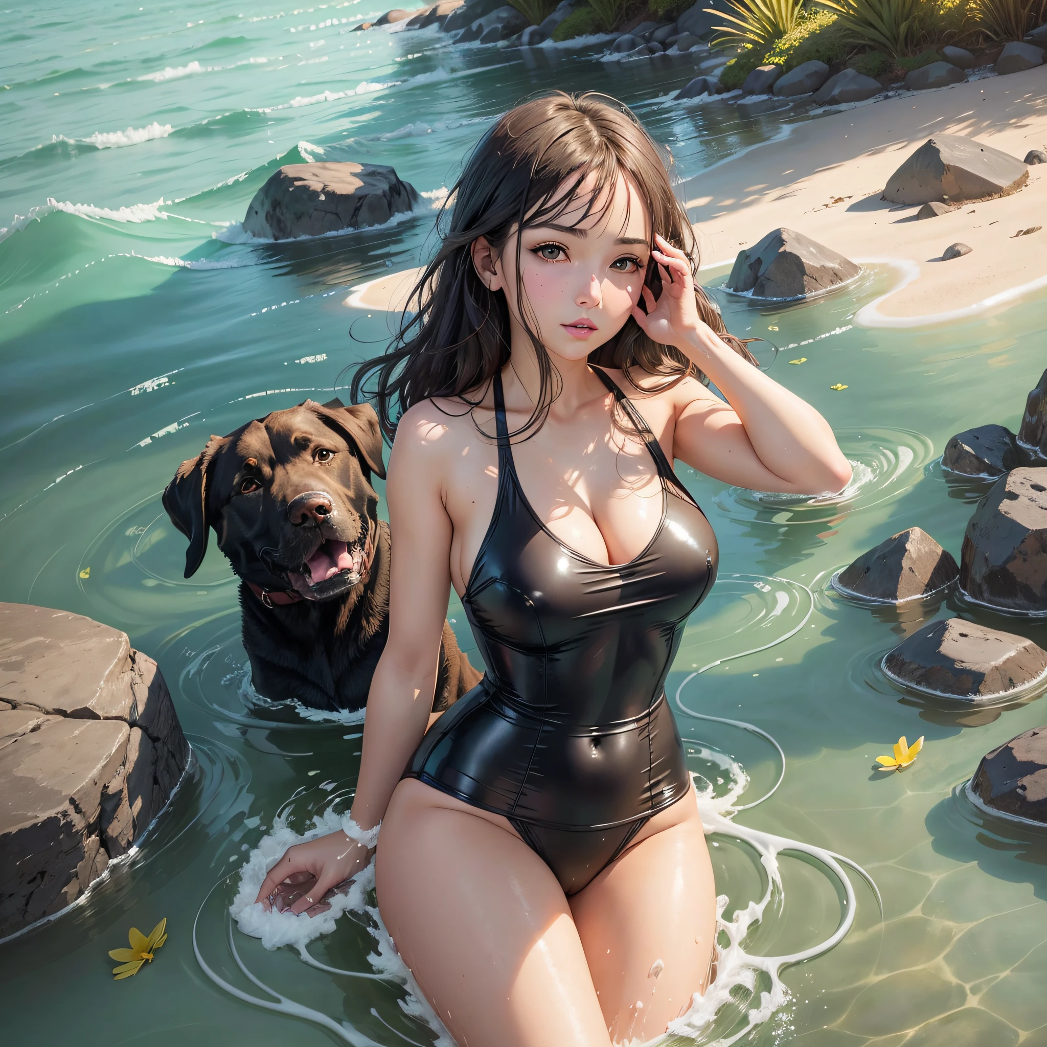 Write a beautiful girl with a Labrador retriever, background please girl in a swimsuit at sea --auto --s2