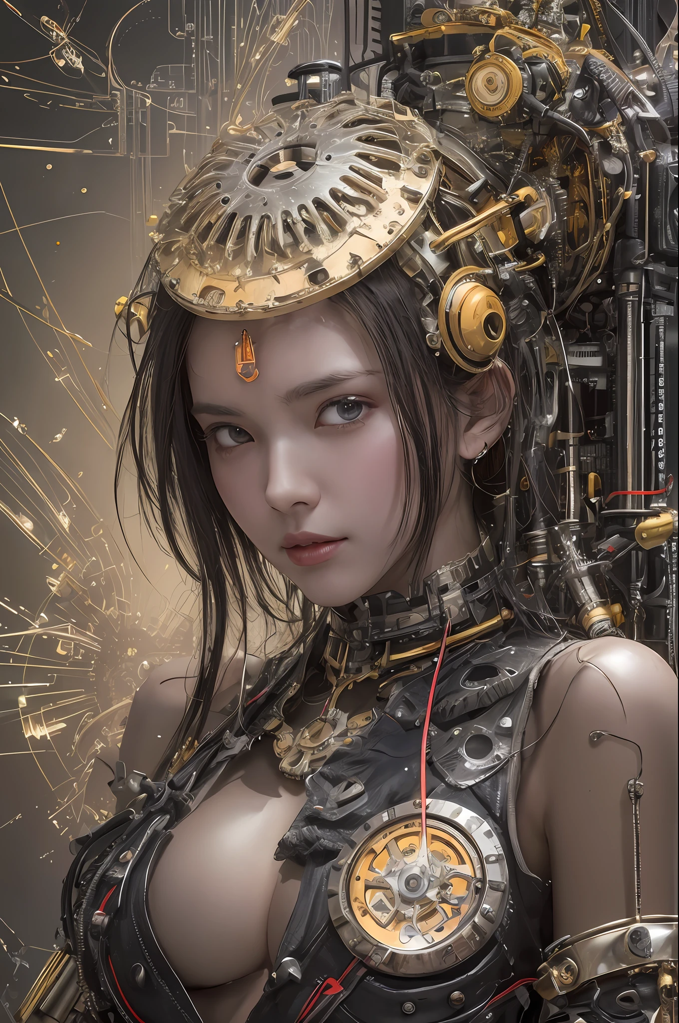 Top Quality, Masterpiece, Ultra High Resolution, (Photorealistic: 1.4), Raw Photo, 1 Girl, Black Hair, Glossy Skin, 1 Mechanical Girl, (Ultra Realistic Details)), Portrait, Global Illumination, Shadows, Octane Rendering, 8K, Ultra Sharp, Big, Cleavage Exposed Raw Skin, Metal, Detail of Intricate Ornaments, steampunk details, Matsumoto meter, vacuum tube, nixie suga, oil pressure gauge, glass tube, analog meter, gears, gears, golden hydraulic cylinder, very intricate detail, realistic light, CGSoation trend, purple eyes, glowing eyes, facing the camera, neon details, mechanical limbs, blood vessels connected to tubes, mechanical vertebrae attached to the back, mechanical cervical to attach to the neck, sitting, wires and cables connecting to the head, Gundam, small LED lamps,