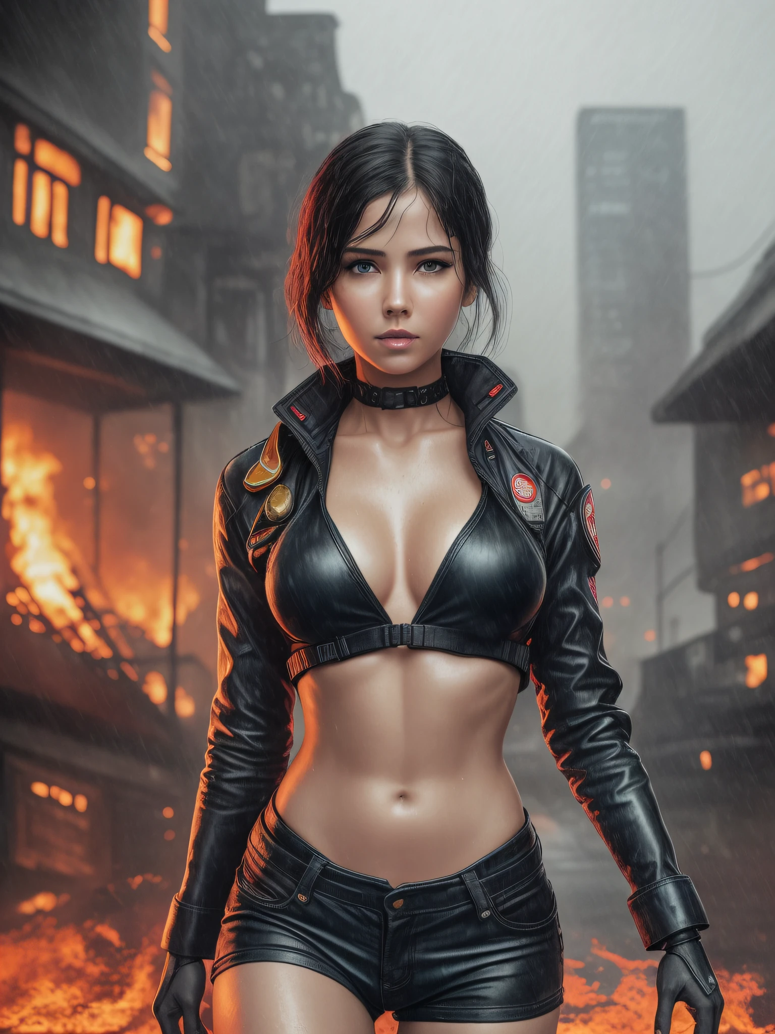 Masterpiece, best quality, high-resolution, realistic, woman, firefighter, burning house in the background, rainy wet weather, soaking wet skin, raindrops, thunderstorm, Blade Runner, dystopia, science fiction, biomechanical details, bright neon lights, dark threatening buildings, bare chest, large chest muscles, pale skin, pulled down pants, short black hair, ((young)) --auto --s2