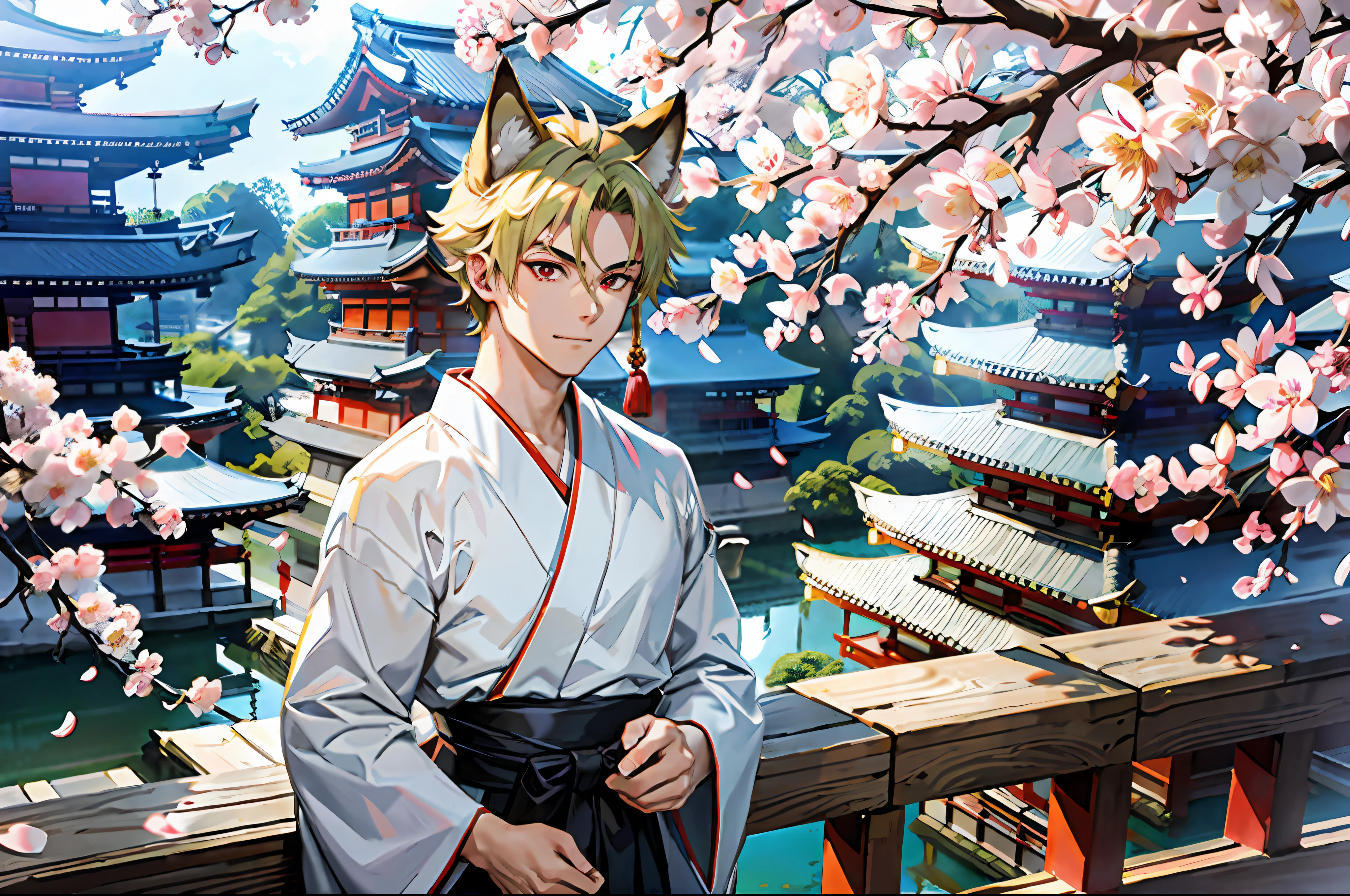 (Representative work: 1.4, highest quality, 8k), (2 boys: 1.6), (blonde spiked hair and red eyes, fox ears and tail: 1.1), (short green hair and big eyes, raccoon ears and tail: 1.2), (Japan Shinto priest, white and light blue hakama: 1.3), cherry blossom viewing on the balcony, background is a temple in Kyoto.