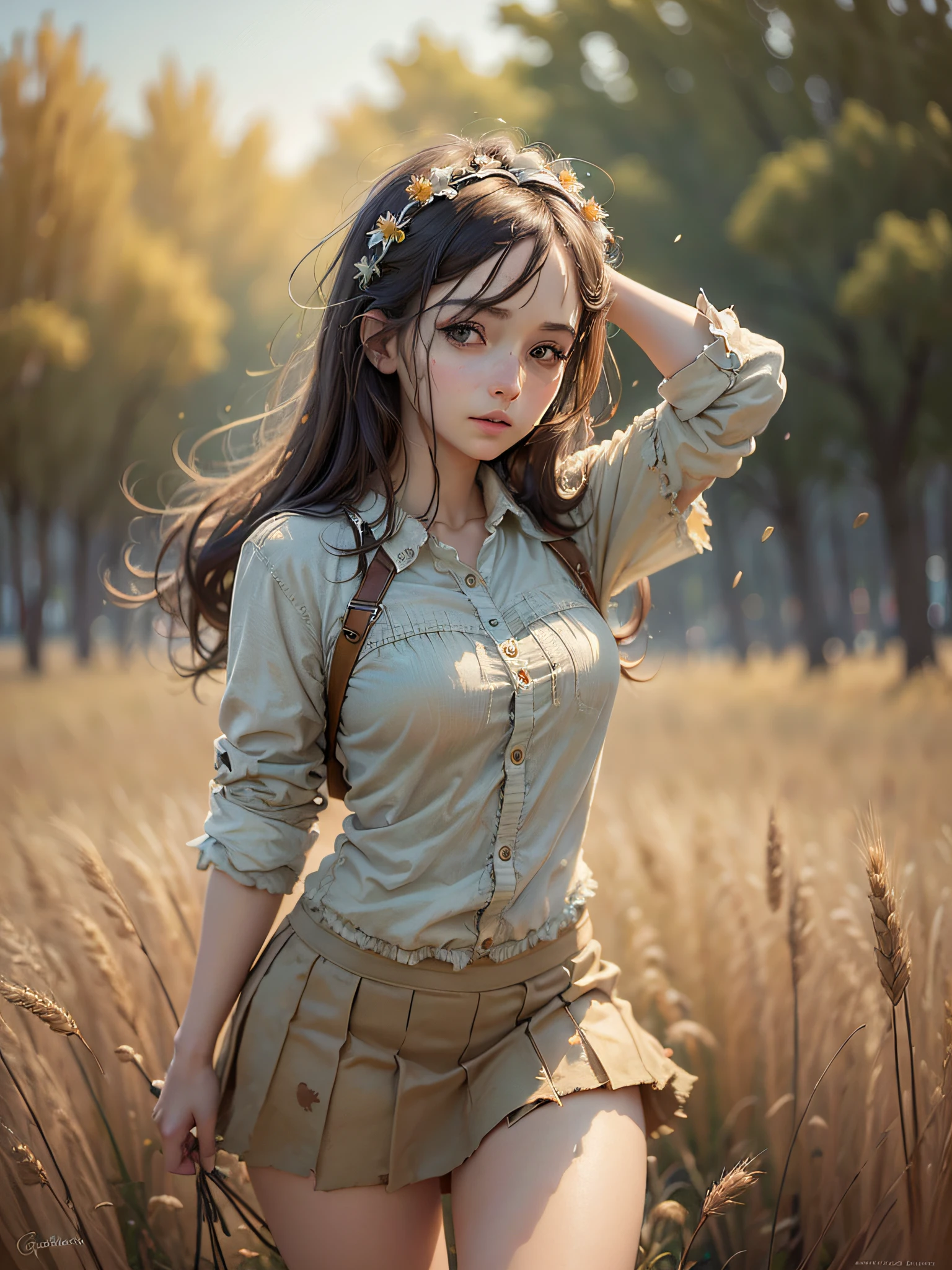 (best quality:1.33), (masterpiece:1.42), (realistic:1.24), (detailed:1.15), 1girl, torn outfit, short skirt, on a golden wheat