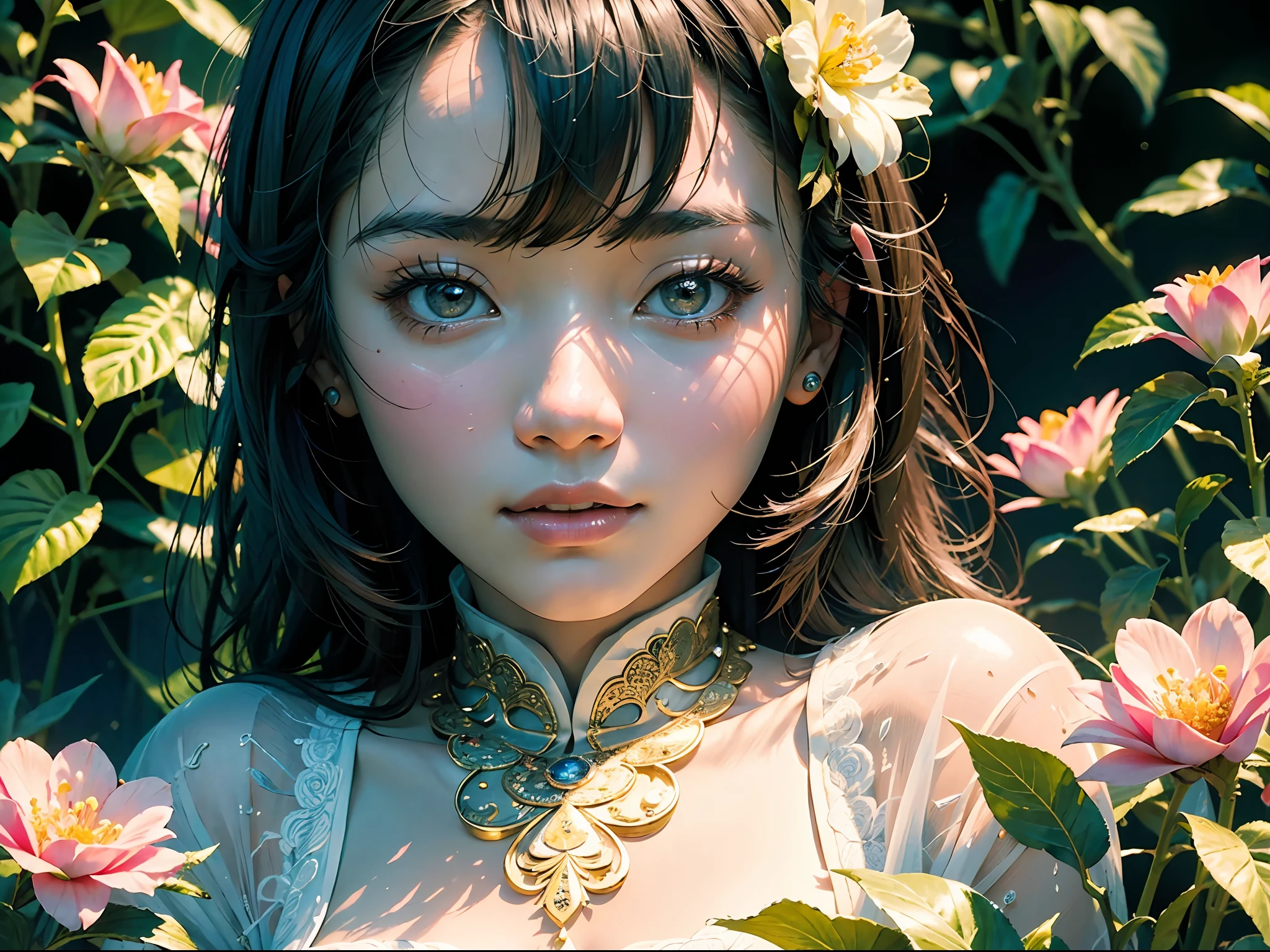 (masterpiece, high resolution, detailed shot:1.4), a captivating photograph capturing the essence of a Chinese girl amidst a vibrant, flower-filled garden, wearing a beautifully intricate Qipao dress, (close-up shot:1.4), showcasing the delicate features of her face and the meticulous craftsmanship of her attire, (perfect lighting:1.4), accentuating her natural beauty and creating a radiant glow that emanates from her.