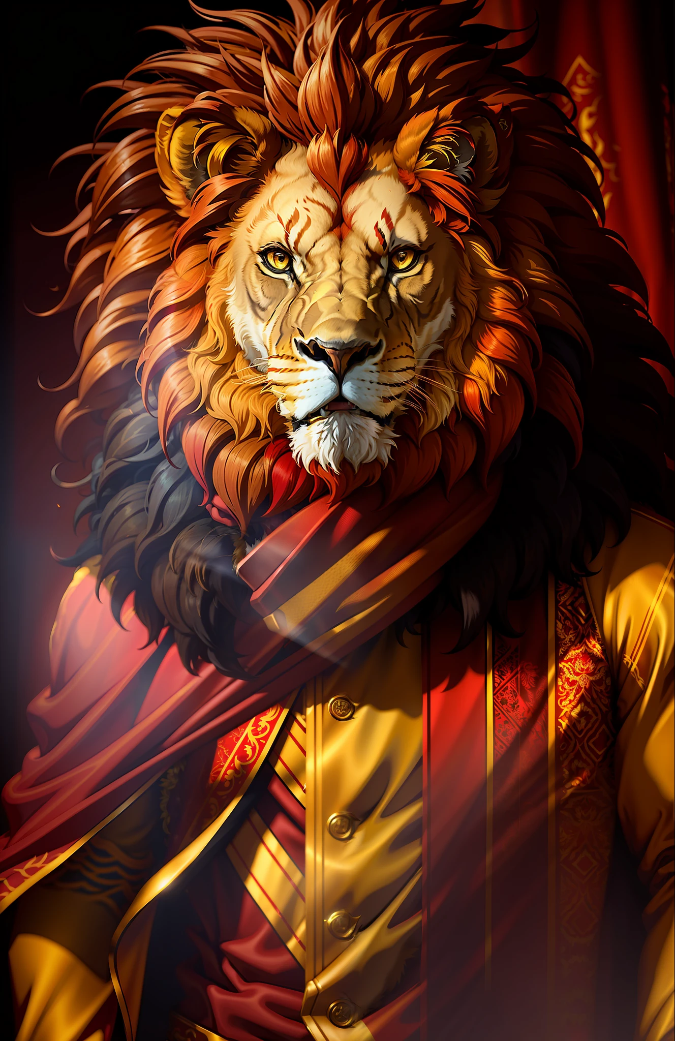 ((a lion in red and yellow clothes)),，full shot，fluffy hair, anthropomorphic expressions, rich colors, exquisite details, masterpiece, realistic，artsation, cg, realistic, Unreal Engine , real light and shadow, beautiful rich colors, amazing details, high quality，a pair of ears