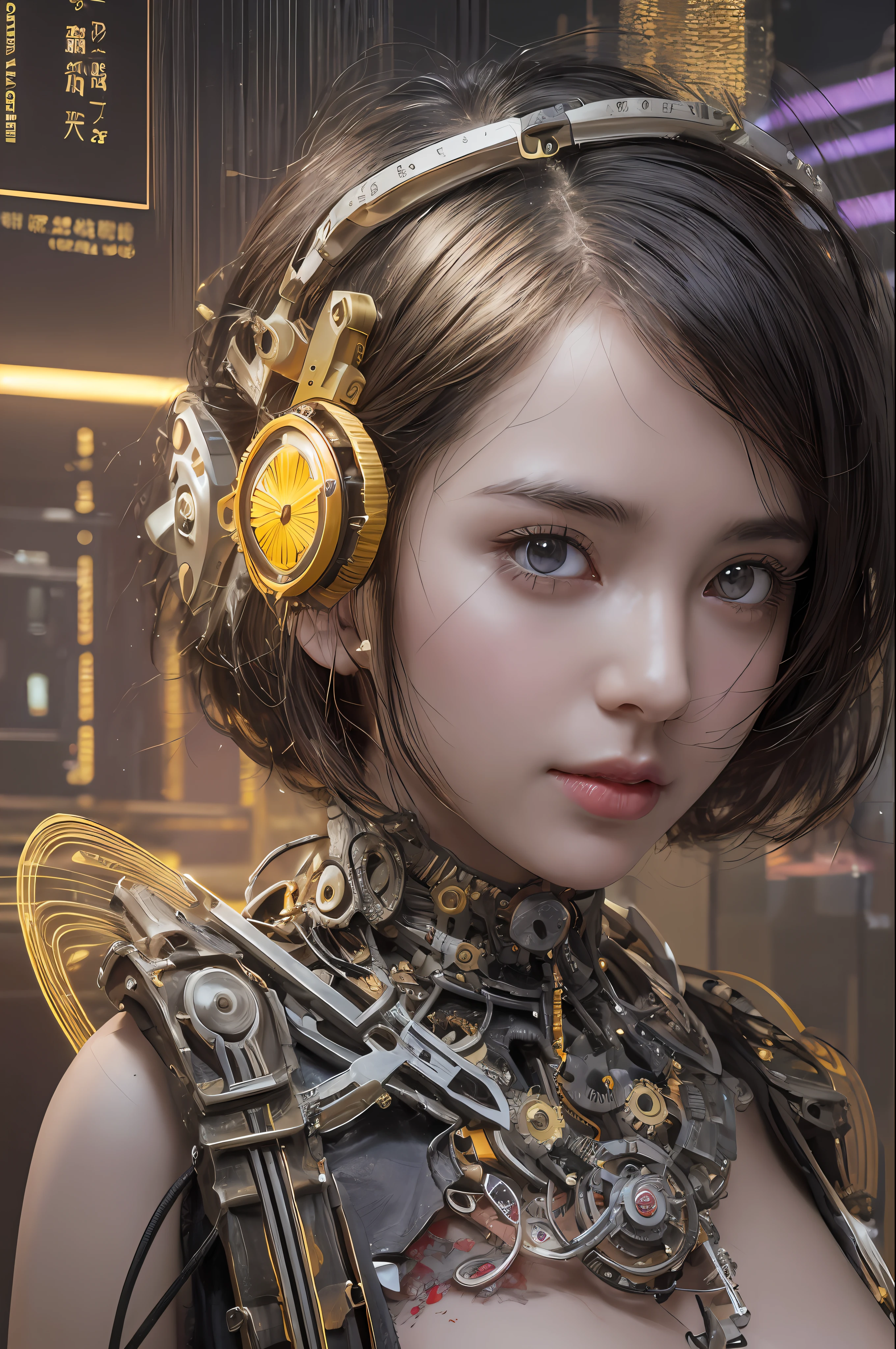 Top Quality, Masterpiece, Ultra High Resolution, (Photorealistic: 1.4), Raw Photo, 1 Girl, Black Hair, Glossy Skin, 1 Mechanical Girl, (Ultra Realistic Details)), Portrait, Global Illumination, Shadows, Octane Rendering, 8K, Ultra Sharp, Big, Cleavage Exposed Raw Skin, Metal, Detail of Intricate Ornaments, steampunk details, Matsumoto meter, vacuum tube, nixie suga, oil pressure gauge, glass tube, analog meter, gears, gears, golden hydraulic cylinder, very intricate detail, realistic light, CGSoation trend, purple eyes, glowing eyes, facing the camera, neon details, mechanical limbs, blood vessels connected to tubes, mechanical vertebrae attached to the back, mechanical cervical to attach to the neck, sitting, wires and cables connecting to the head, Gundam, small LED lamps,