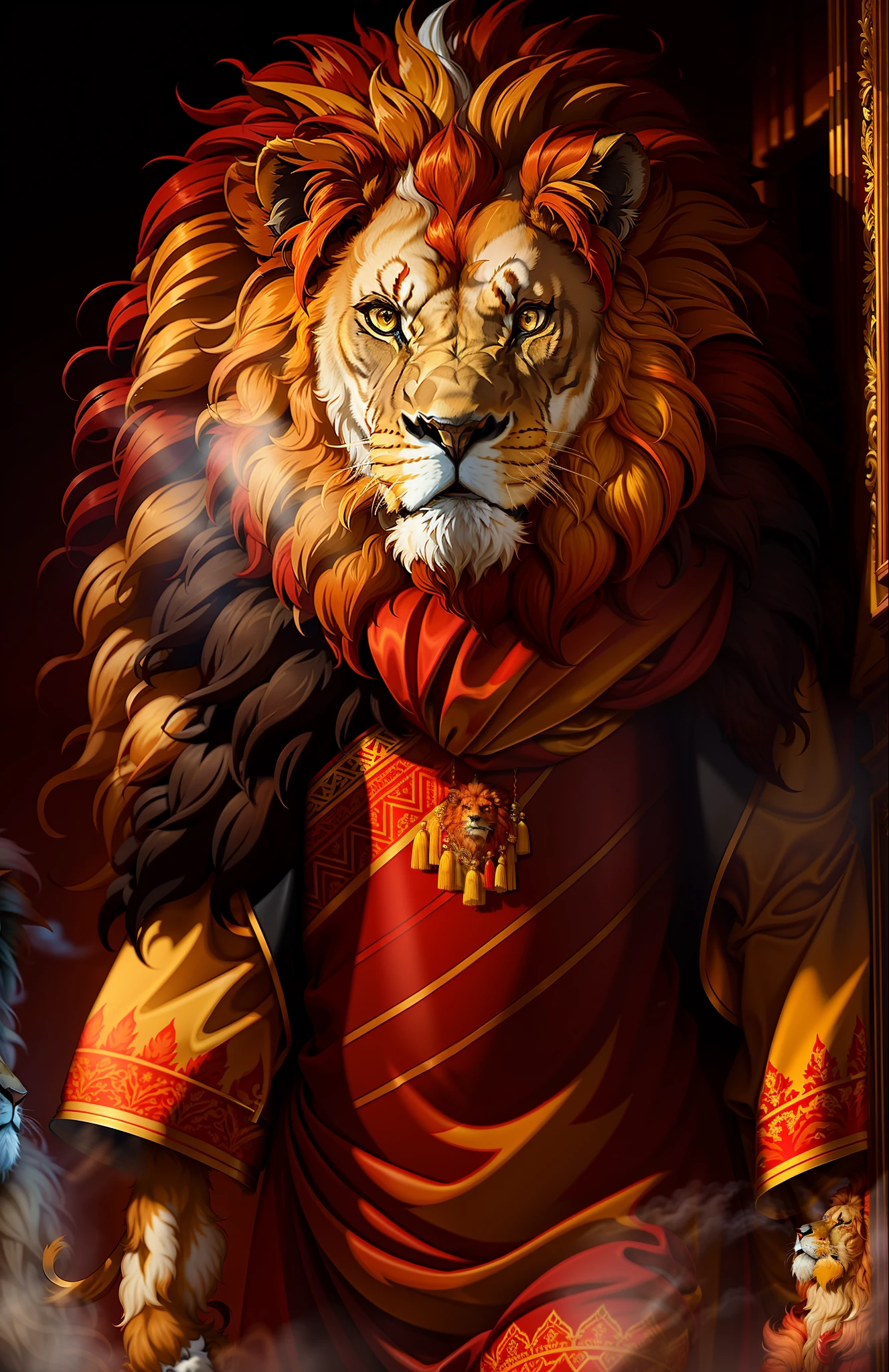 ((a lion in red and yellow clothes)),，full shot，fluffy hair, anthropomorphic expressions, rich colors, exquisite details, masterpiece, realistic，artsation, cg, realistic, Unreal Engine , real light and shadow, beautiful rich colors, amazing details, high quality，a pair of ears