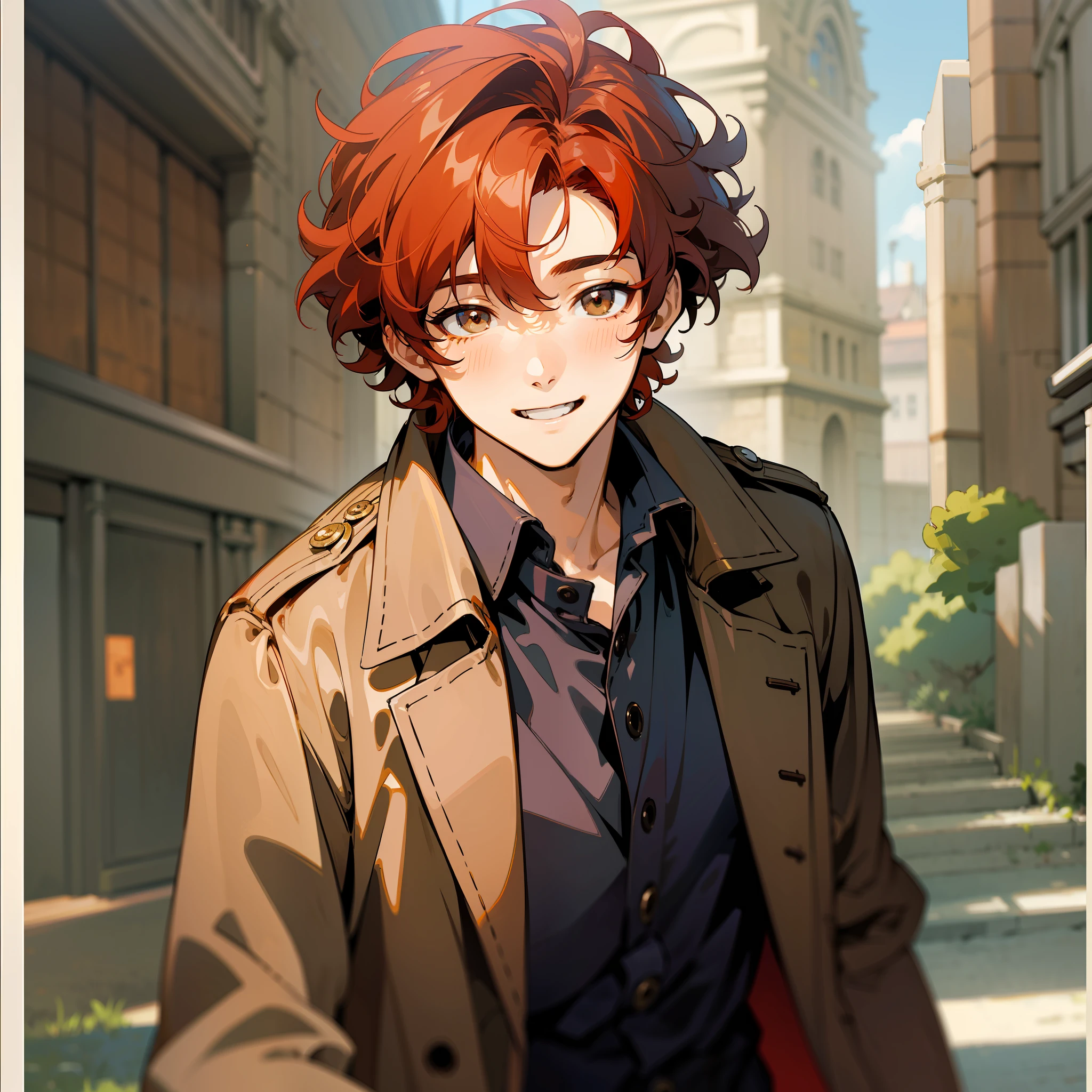 (high quality anime style illustration), a young man with a (happy smile) and [curly red hair:1.4], [dark brown eyes:1.2], (warm and inviting portrait) with great attention to detail, city morning, blurry foreground, brown trenchcoat, dappled sunlight, yandere