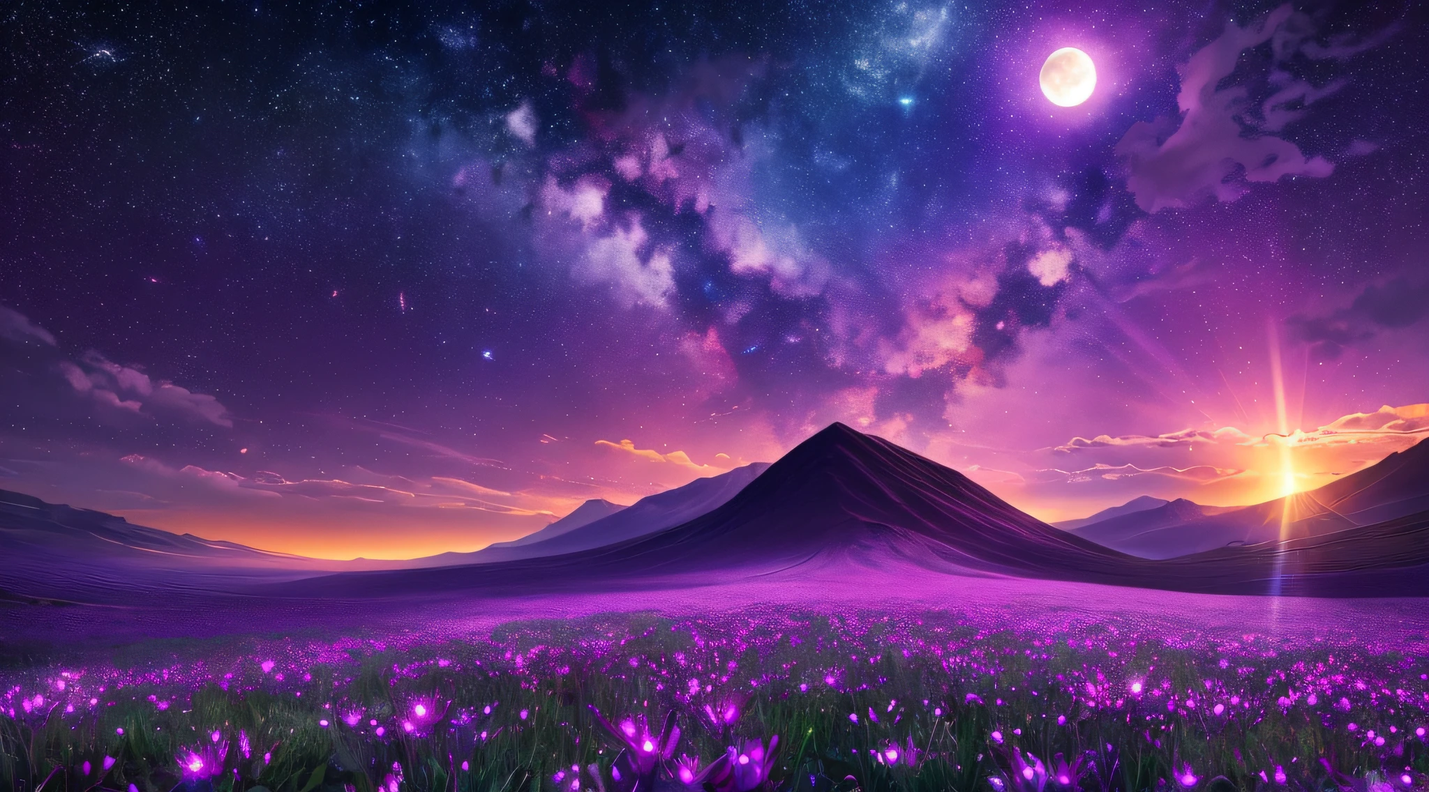 expansive landscape photograph , (a view from below that shows sky above and open field below), a girl standing on flower field looking up, (full moon:1.2), ( shooting stars:0.9), (nebula:1.3), distant mountain, tree BREAK production art, (warm light source:1.2), (Firefly:1.2), lamp, lot of purple and orange, intricate details, volumetric lighting BREAK (masterpiece:1.2), (best quality), 4k, ultra-detailed, (dynamic composition:1.4), highly detailed, colorful details,( iridescent colors:1.2), (glowing lighting, atmospheric lighting), dreamy, magical, (solo:1.2) --auto --s2