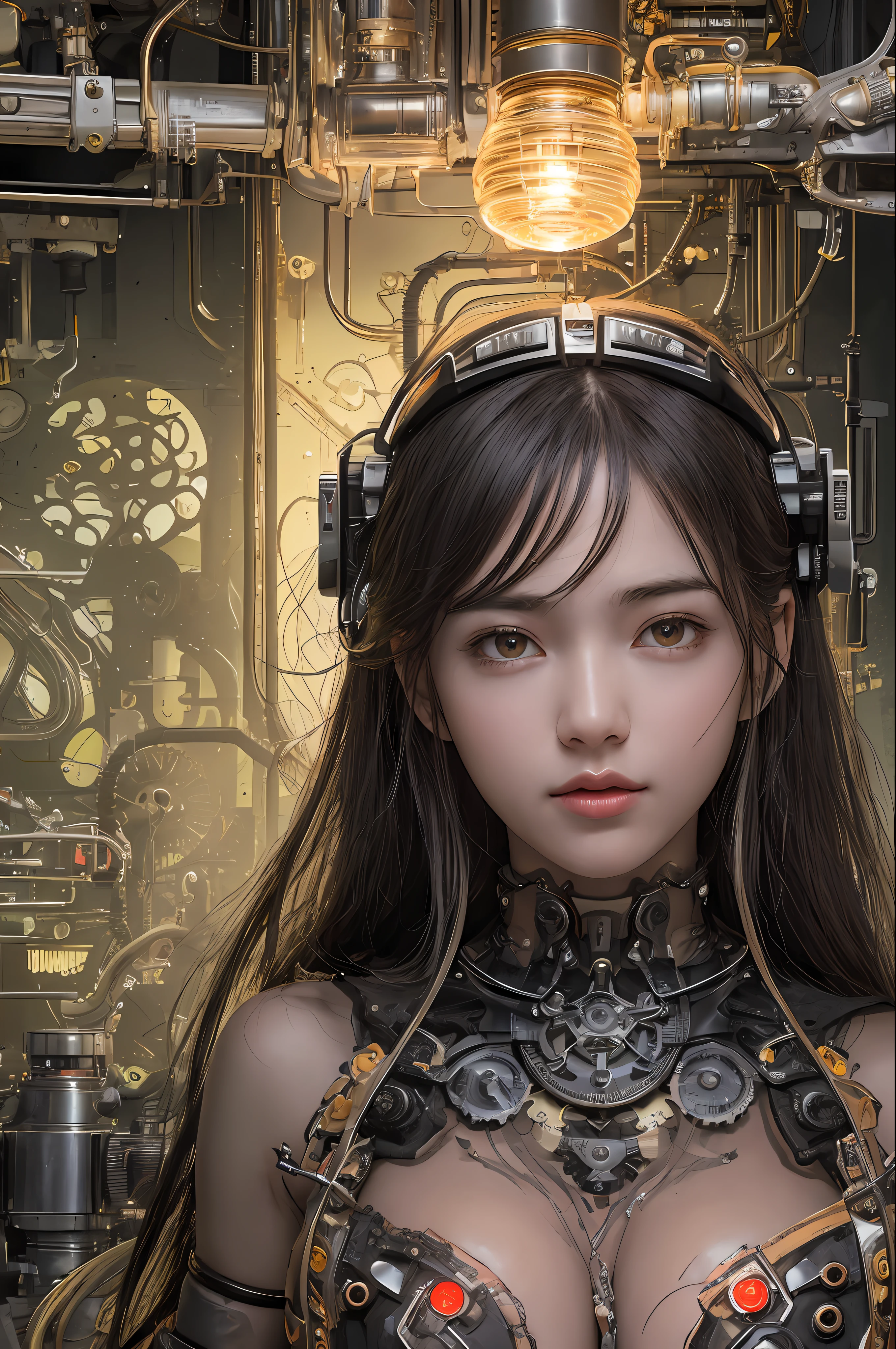 Top Quality, Masterpiece, Ultra High Resolution, (Photorealistic: 1.4), Raw Photo, 1 Girl, Black Hair, Glossy Skin, 1 Mechanical Girl, (Ultra Realistic Details)), Portrait, Global Illumination, Shadows, Octane Rendering, 8K, Ultra Sharp, Big, Cleavage Exposed Raw Skin, Metal, Detail of Intricate Ornaments, steampunk details, Matsumoto meter, vacuum tube, nixie suga, oil pressure gauge, glass tube, analog meter, gears, gears, golden hydraulic cylinder, very intricate detail, realistic light, CGSoation trend, purple eyes, glowing eyes, facing the camera, neon details, mechanical limbs, blood vessels connected to tubes, mechanical vertebrae attached to the back, mechanical cervical to attach to the neck, sitting, wires and cables connecting to the head, Gundam, small LED lamps,