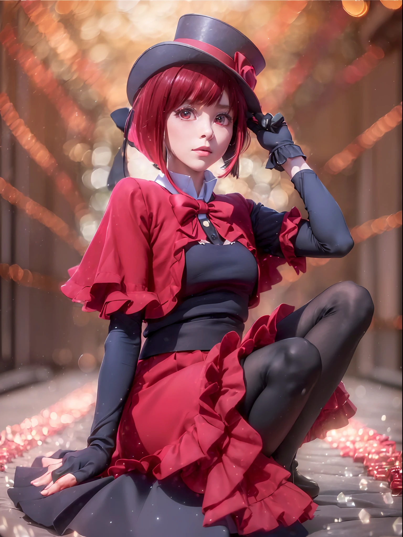 (((Raw Photo,8k)),(Photorealistic:1.3),(Masterpiece),(Best Quality), Ultra High Definition, (Best Illustration), Photon Mapping,Radiosity,Best Shadow,Close-up to Face,Portrait,(((Natural Light)),Backlight,(Solo:1.5),1girl,Kana Arima,Red hair, Red eyes, Beautiful eyes, Red poncho, Black ruffled skirt, red tights, small top hat, red gloves, thighs, black thighs, loafers,. Watch viewer,smooth,(Bokeh:1.4), Nikon d850, Nikon AF-S Nikkor 58mm f/1.4G lens,