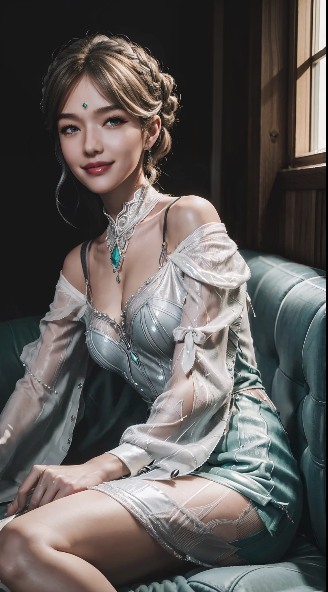 Best quality, masterpiece, ultra high res, (photorealistic:1.4), raw photo, 1girl, silver hair, Formal Updo,shiny skin, dramatic lighting,(smile:1.2),ningrongrong