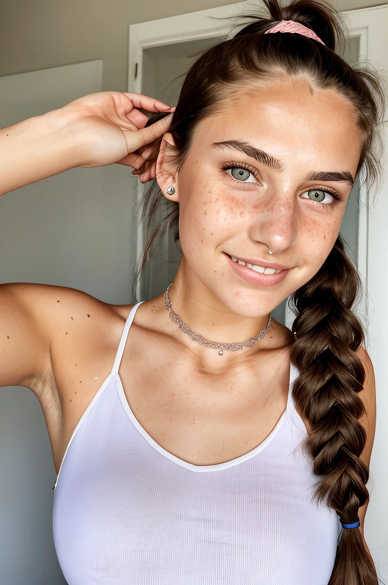 photo of a 20 y.o woman, (cute looking, innocent face:1.2), brown eyes, (brunette hair, ponytail:1.1), (freckled face, freckles body:0.9), (sweating, sweaty face, sweat beads, sweaty hair:1.1), blushed chest, no makeup, naughty smile, pale skin, detailed face, choker, solo, nipple tassels, full body