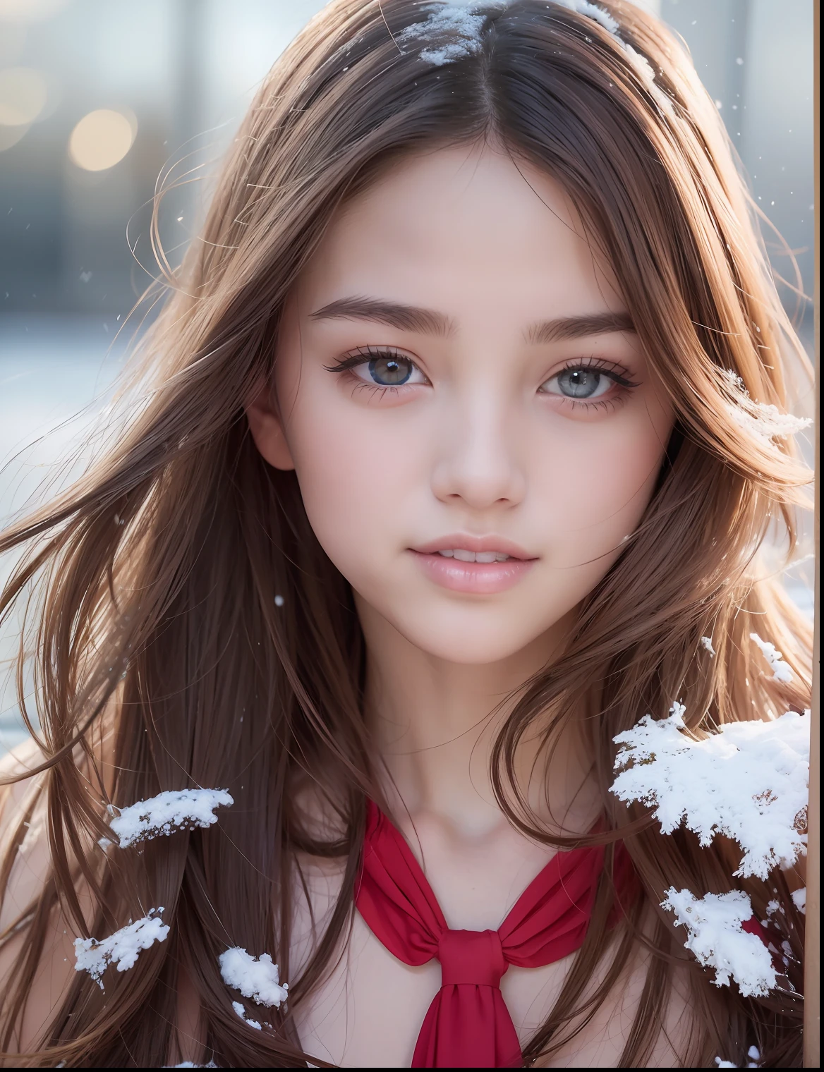 masterpiece,realistic, ((1girl)),8k,raw, professional photograph, professional lighting,
sportswear, floating hair,
facial, cute,brown eyes, ,perfect lips,
Super detailed illustration, ((very beautiful & cute girl)), highly detailed beautiful face and eyes,brown hair,
necklace,red side-tie bikini bottom, 
upper body,
looking at viewer, open mouth, (open clothes), light smile,snow,