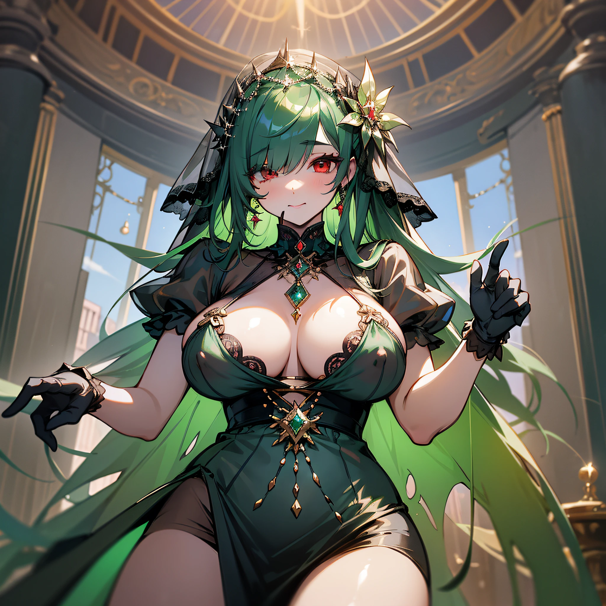 masterpiece, best quality, 1girl, puffy nipple long hair, watch viewer, bangs, big breasts, hair ornaments, red eyes, thighs, gloves, see-through face veil at mouth, emerald green Arabian dress, cleavage, jewellery, gloves , hair over one eye, clothes clippings , cover one eye,