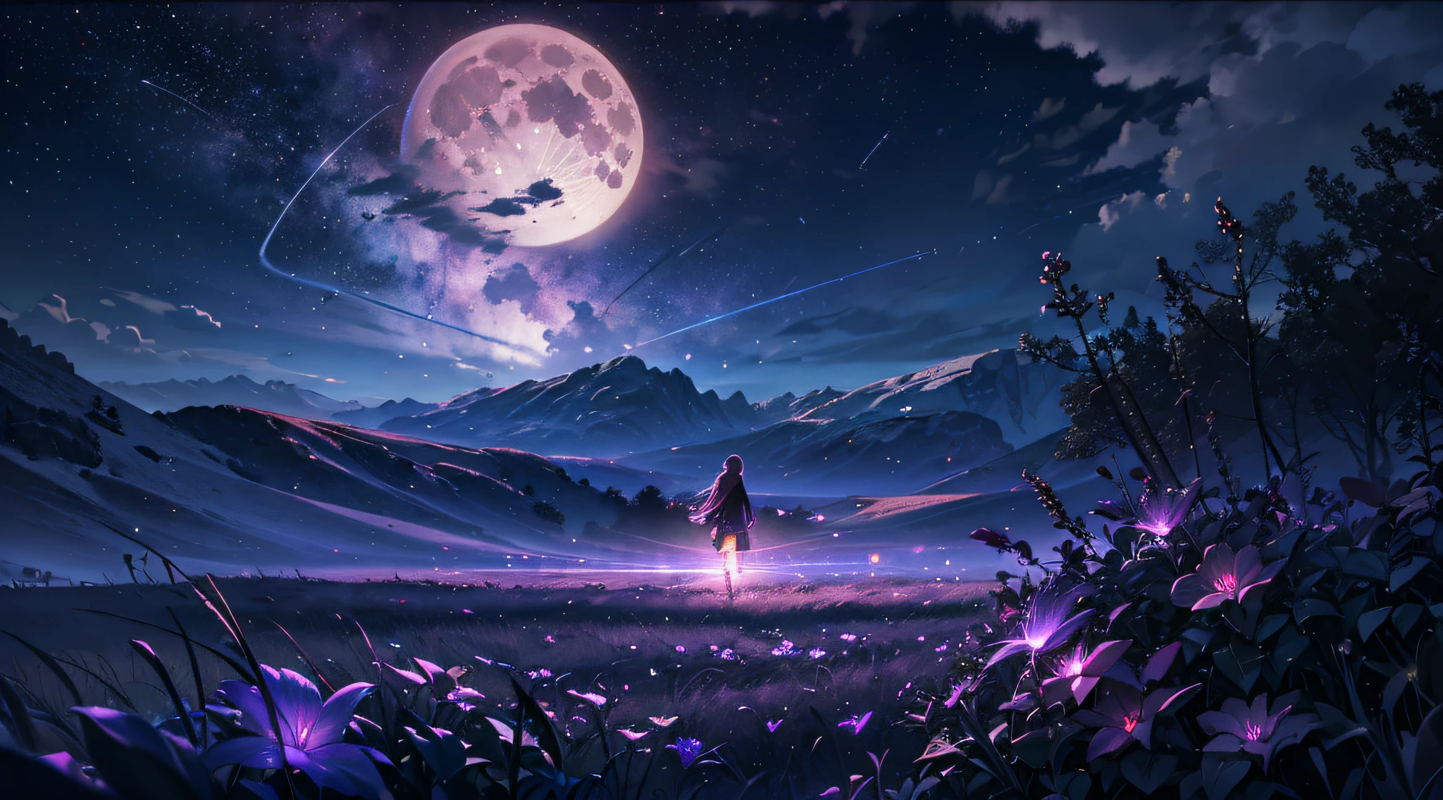 expansive landscape photograph , (a view from below that shows sky above and open field below), a girl standing on flower field looking up, (full moon:1.2), ( shooting stars:0.9), (nebula:1.3), distant mountain, tree BREAK production art, (warm light source:1.2), (Firefly:1.2), lamp, lot of purple and orange, intricate details, volumetric lighting BREAK (masterpiece:1.2), (best quality), 4k, ultra-detailed, (dynamic composition:1.4), highly detailed, colorful details,( iridescent colors:1.2), (glowing lighting, atmospheric lighting), dreamy, magical, (solo:1.2) --auto --s2