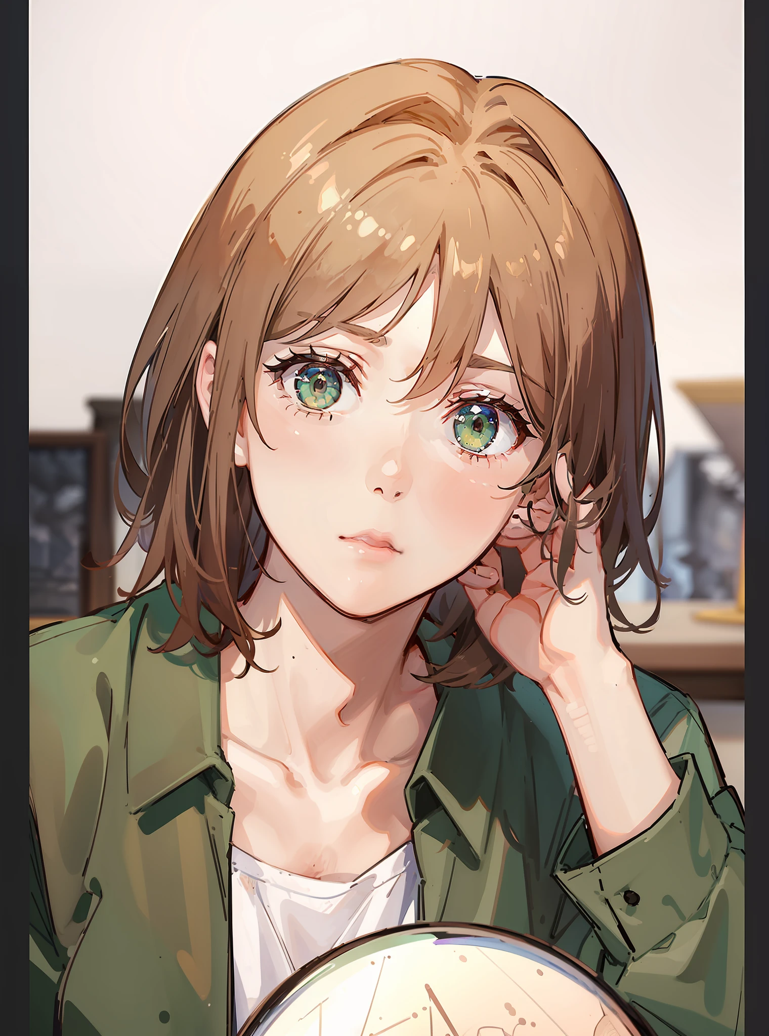 (((1girl))), ((toned)), female focus, masterpiece, high quality, (masterpiece:1.2), (best quality:1.2), bright, realistic, ornate, intricate, ((brown hair)), (short hair), green eyes, bangs, hair between eyes, hair_stick, sad_girl, green_clothes, soil, hair_bun, hair_ornament, hair_pin, holding_fan, paper_fan, sad, looking_at_horizon,((looking at the horizon)), sad pupils