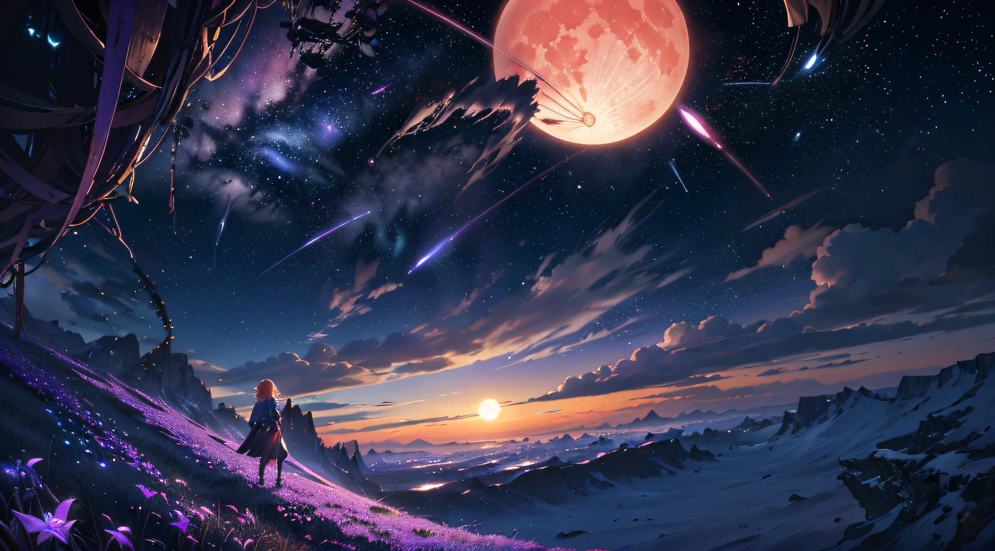 expansive landscape photograph , (a view from below that shows sky above and open field below), a girl standing on flower field looking up, (full moon:1.2), ( shooting stars:0.9), (nebula:1.3), distant mountain, tree BREAK production art, (warm light source:1.2), (Firefly:1.2), lamp, lot of purple and orange, intricate details, volumetric lighting BREAK (masterpiece:1.2), (best quality), 4k, ultra-detailed, (dynamic composition:1.4), highly detailed, colorful details,( iridescent colors:1.2), (glowing lighting, atmospheric lighting), dreamy, magical, (solo:1.2) --auto --s2