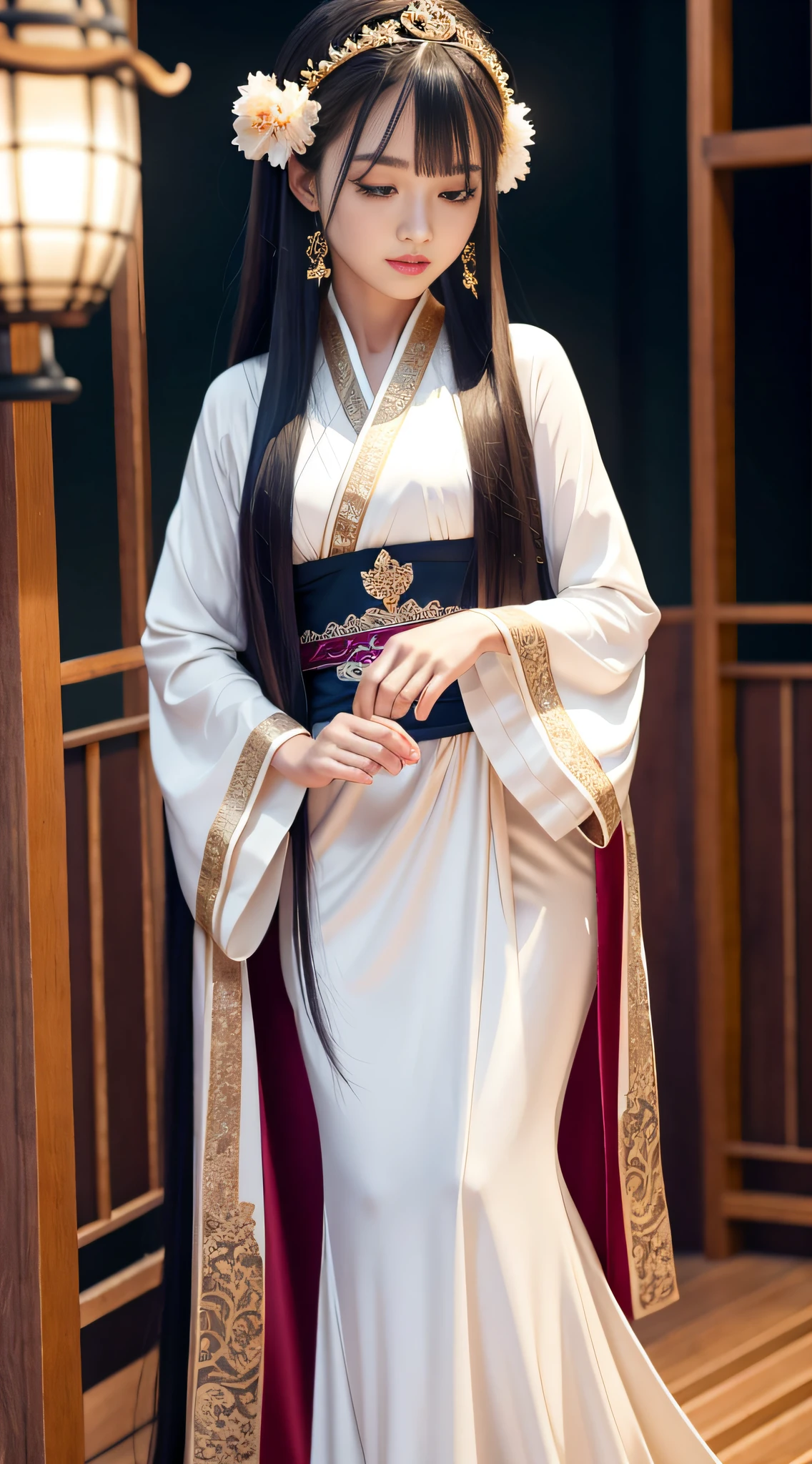 Girls, Long Hair, (Hair Accessory: 1.35), Jewelry, Hanfu,Lantern Light, Depth of Field, Detailed Face, Facial Focus, (Looking at the audience: 1.25), Skin Glow, Long Sleeves, (Ulzzang-6500-V1.1:0.4), 1girl, Kpop idol, Yae Miko, Detailed face, Long legs shot, Full body, Master, Best Quality, (Very detailed CG unity 8k wallpaper, masterpiece, best quality, ultra-detailed, best shadow), (detailed background), (beautiful detailed face, beautiful detailed eyes), High contrast, (best illumination, an extremely.) delicious and beautiful), best quality, (photorealistic : 1.2),