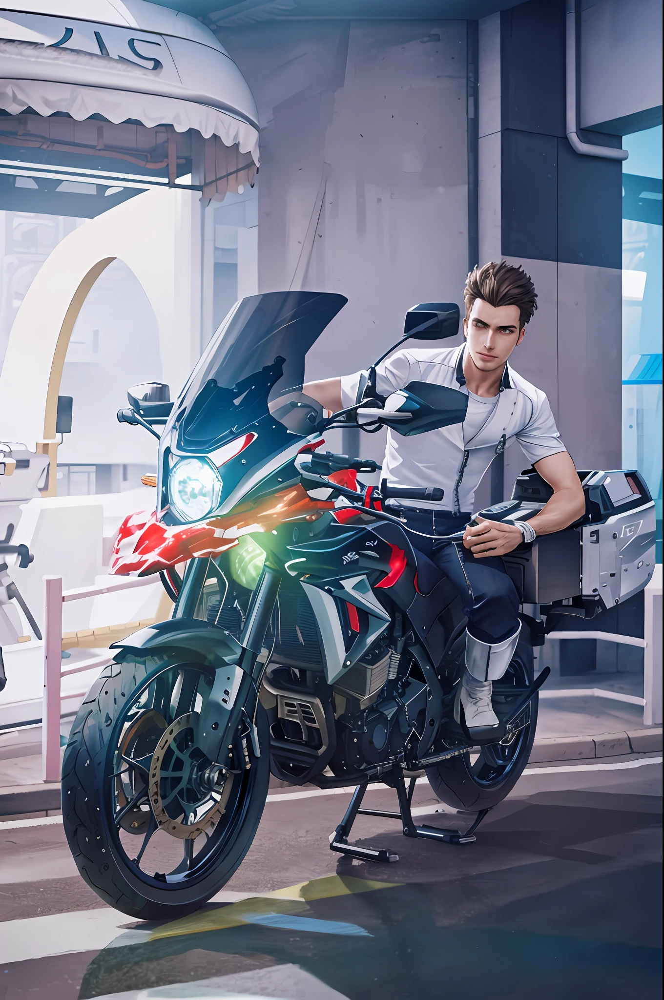 Mechanical Young Man and Cyber Mechanical Motorcycle, ((Ultra Realistic Detail)), Global Illumination, Shadows, Octane Rendering, 8K, Super Sharp, Metallic, Complex, Decorative Detail, Cool Colors, Egyptian Detail, Highly Intricate Detail, Realistic Light, CGsociety Trend, Glow Eyes, Facing Camera, Neon Detail, Mechanical Limbs, Blood Vessels Attached to Tube, Mechanical Vertebrae Attached to the Back, Mechanical Cervical Vertebrae Attached to the Neck, Seated, Wires and Cables Attached to the Head