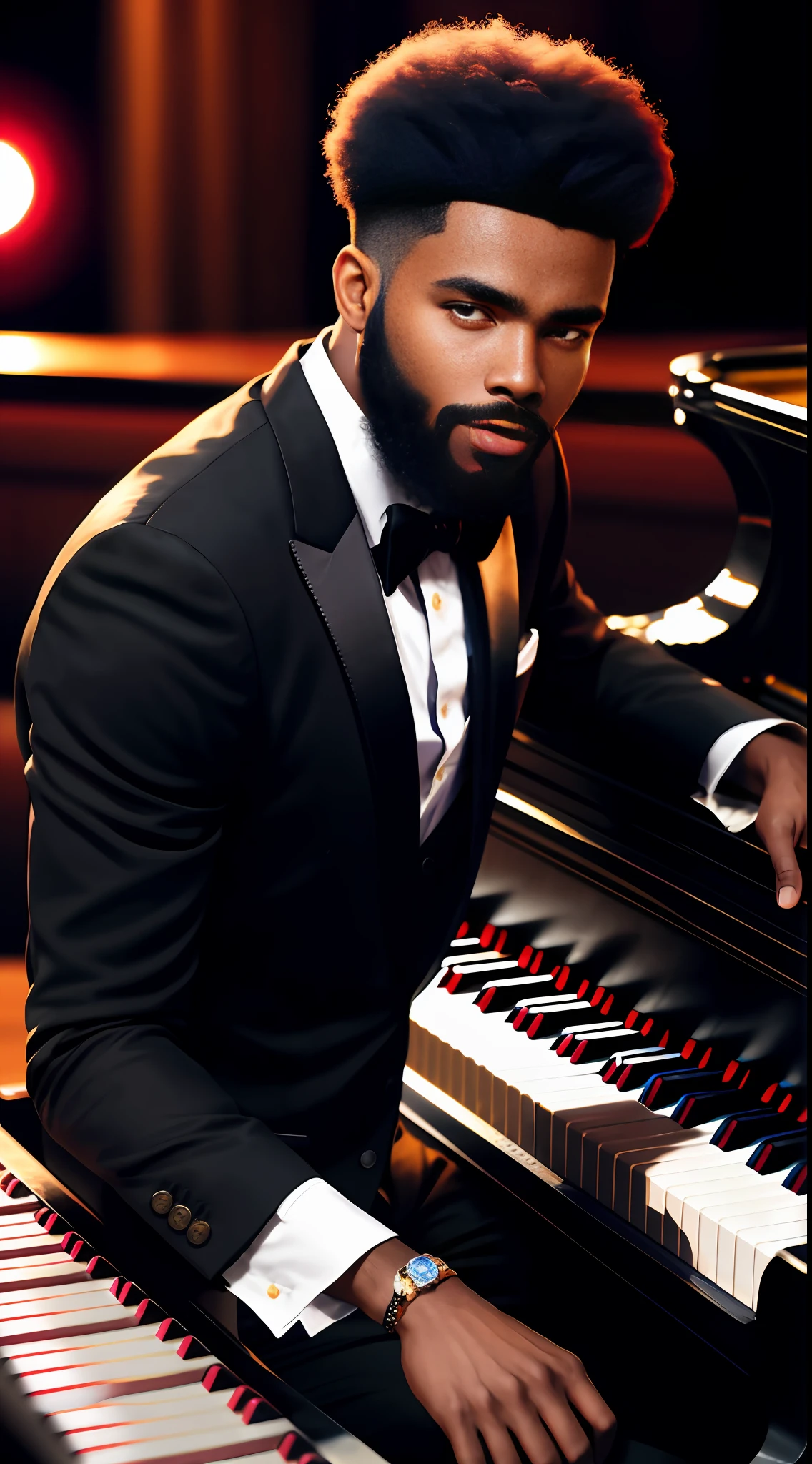 black man, with black hair, full beard, on the piano of a blues nightclub, 4k colorful photographic portrait, detailed portrait photo, 8k portrait photo, handsome young black man, portrait photo
