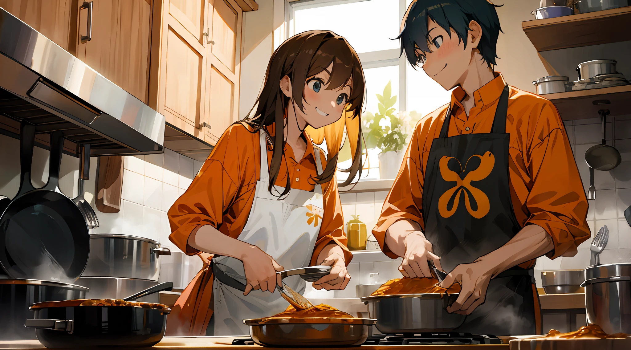 cowboy shot, depth of field, cinematic angle, masterpiece, best quality, super detailed, a couple, couple, cooking in the kitchen, cooking curry, curry, kitchen, smile
