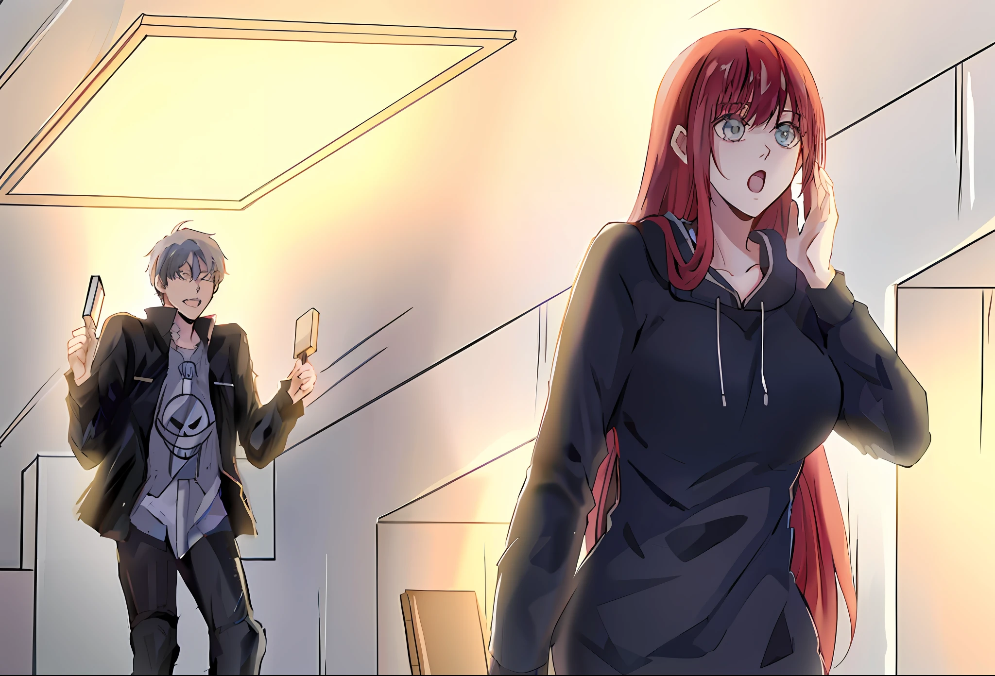 anime image of a woman in a black dress and a man in a black jacket, ; visual novel, she has red hair, painted in anime painter studio, visual novel cg, high quality fanart, visual novel, anime scene, cel shaded anime, official fanart, anya from spy x family, still from tv anime, sankakucomplex anime image, digital anime illustration