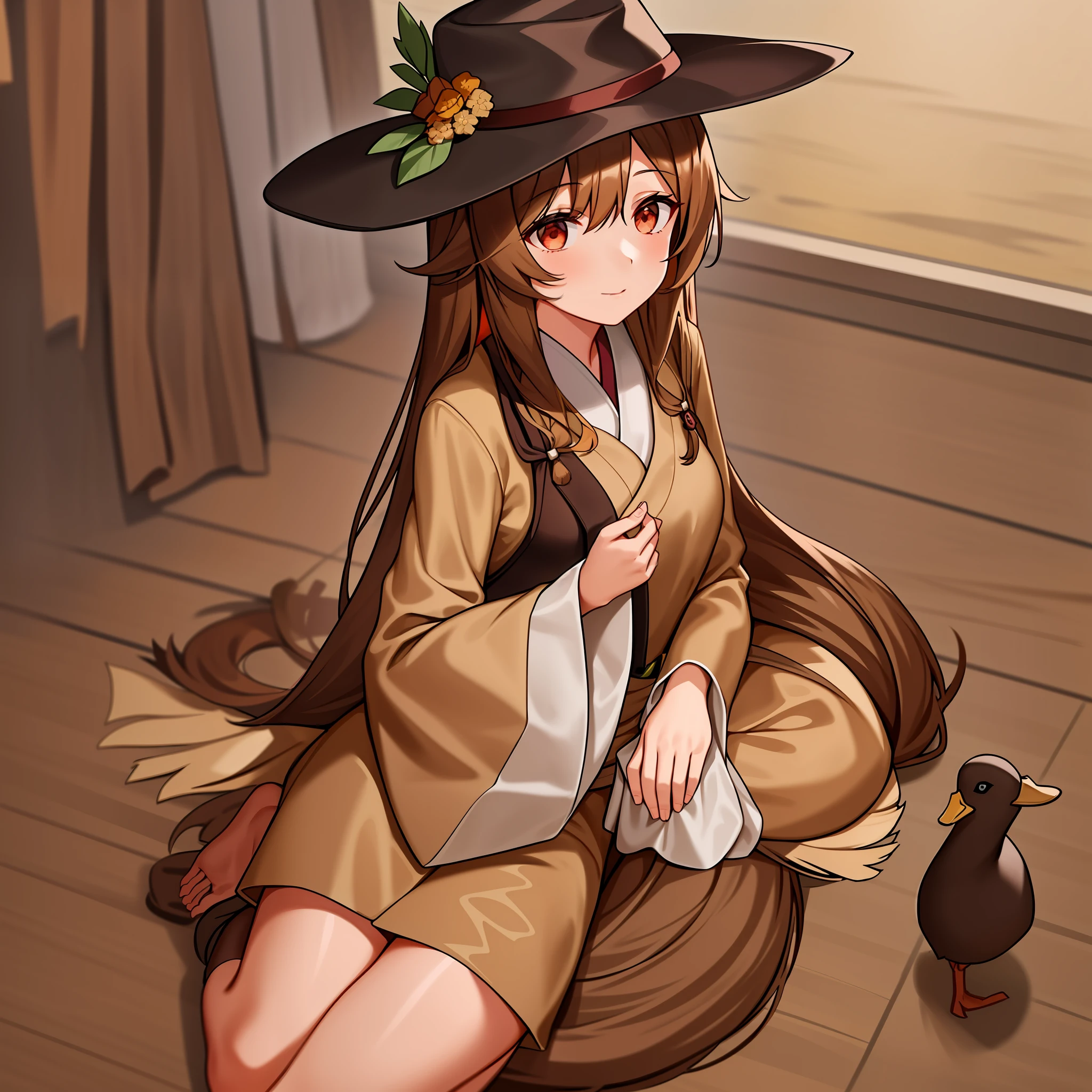 A girl in a brown hat, brown clothes, long brown hair, several bouquets of flowers on the hat, barefoot, duck sitting, inspired by Genshin.