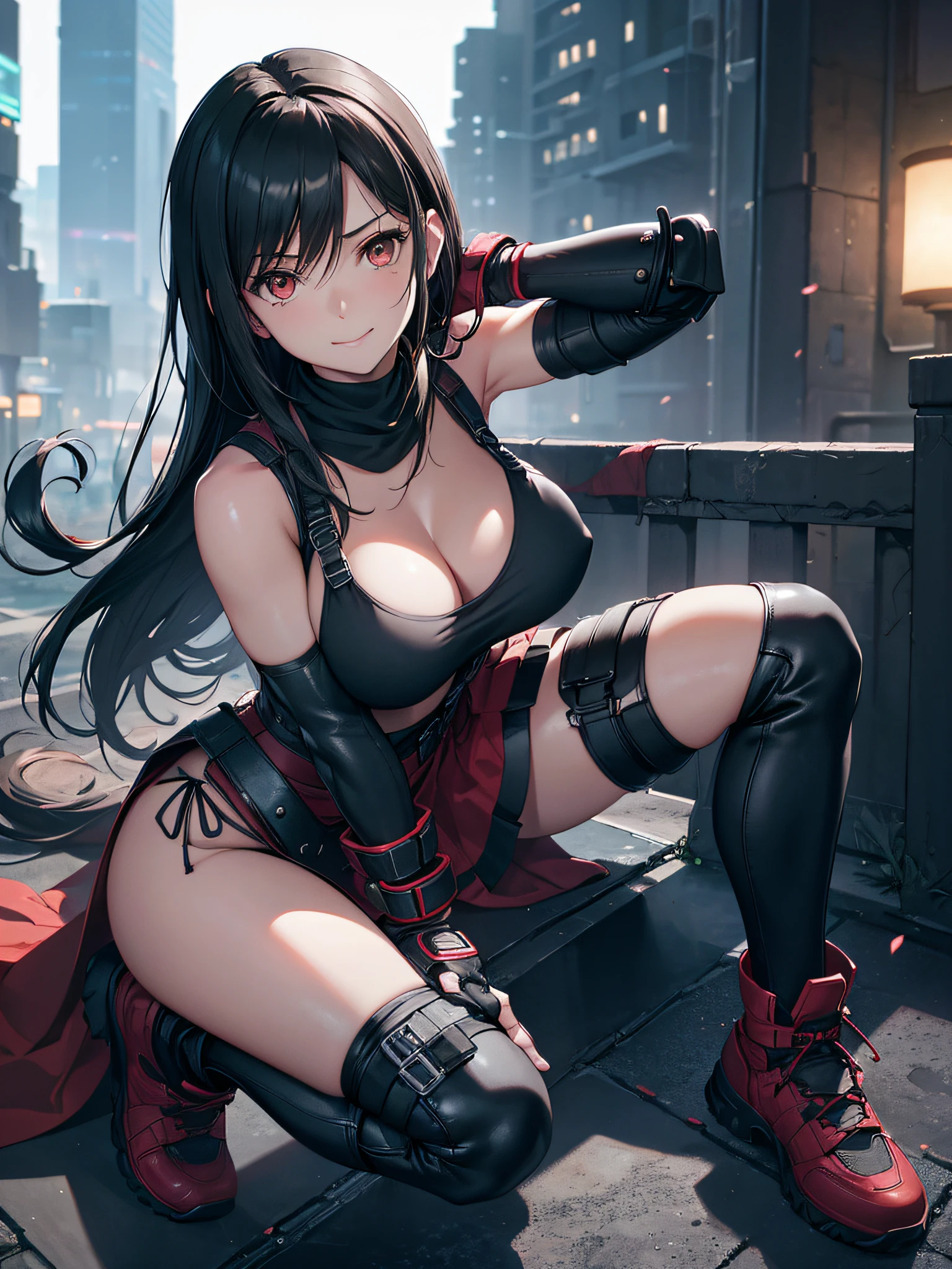 (8K, Best Quality, Masterpiece: 1.2), (Realistic, Photorealistic: 1.37), Super Detail, One Girl, Cute, Solo, (Tifa Lockhart), (Big Breasts), (Beautiful Eyes), (Smile: 1.2), Closed, Model Pose, (Green Neon), Cityscape, Depth of Field, Dark Strong Shadows, Sharp Focus, Motion Blur, Depth of Field, Composition, Final Fantasy VII, Date, (Nose Brush), Single Elbow Pads, Ankle Boots, Black Hair, Red Boots, Elbow Gloves, Elbow Pads, Fingerless Gloves, Sports Bra, Black Skirt (Suspenders), White Tank Top: 1.5, Full Body, Headrest, Beauty Face, Low Tie Long Hair, (red_eyes), (Night: 1.3), Complex, Cinematic Lighting, Photon Mapping, Radiosity, Physically Based Rendering, (Tetsuya Nomura Style), Perfect Breast, Cleavage: 1.2,