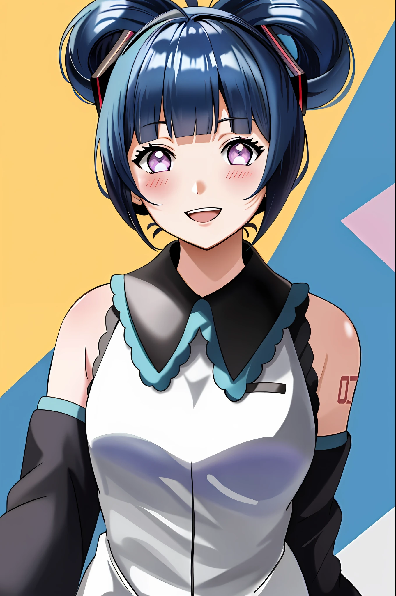 cinnamiku, short hair, upper body, smile, blush, :D, posing, full body, floral background, (blunt bangs:1.3), (dark blue hair:1.3), purple eyes, hinata\(shippuden\)