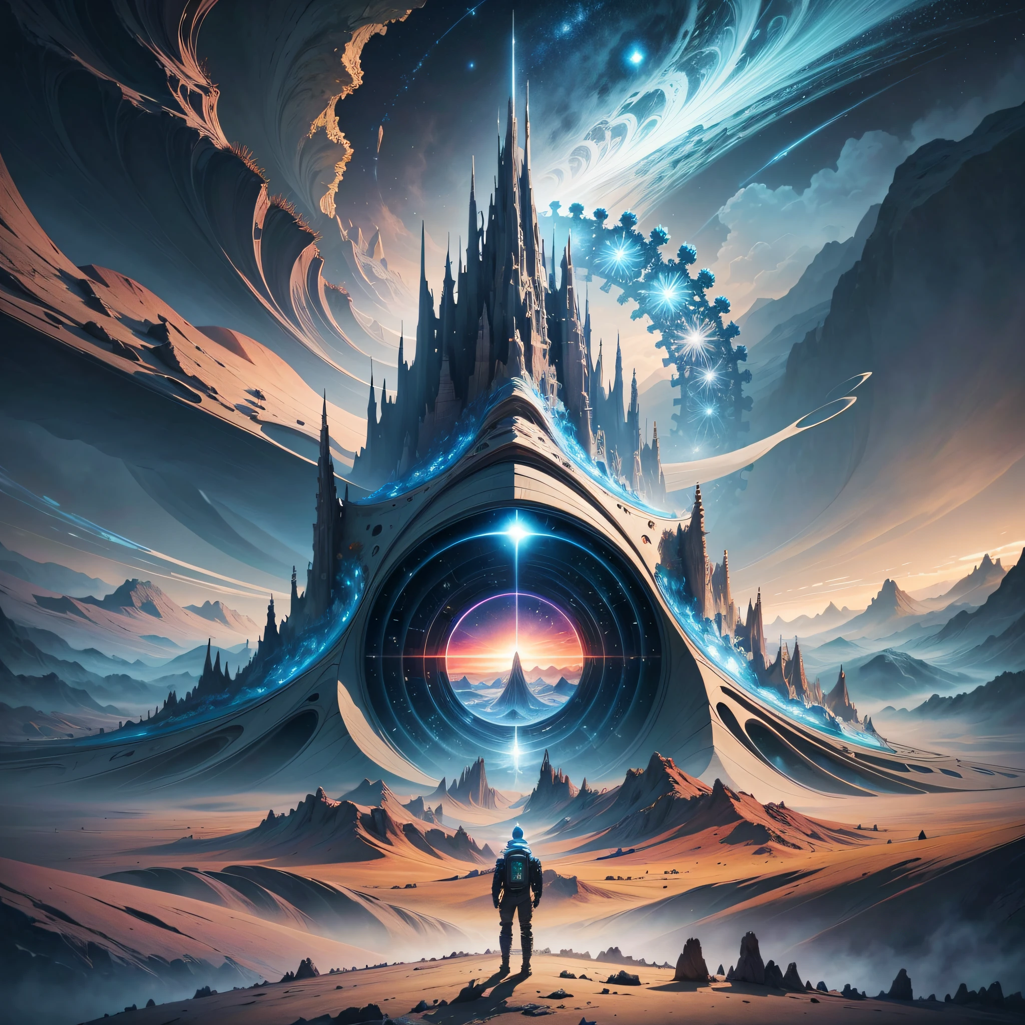 a alien fractal landscape dreamscape were the land and sky mix together in a fractal with a single person is stood looking in wonder at the scene. digital art. in amazingly high detail --auto --s2