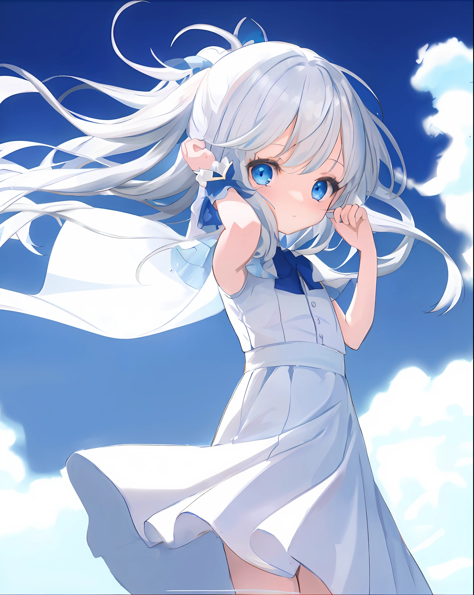 anime girl with long white hair and blue eyes in a white dress, loli in dress, anime visual of a cute girl, anime moe artstyle, sky blue eyes, anime style 4 k, an anime portrait of cirno, cute anime waifu in a nice dress, loli, splash art anime loli, tsuaii, small curvy loli, anime clouds