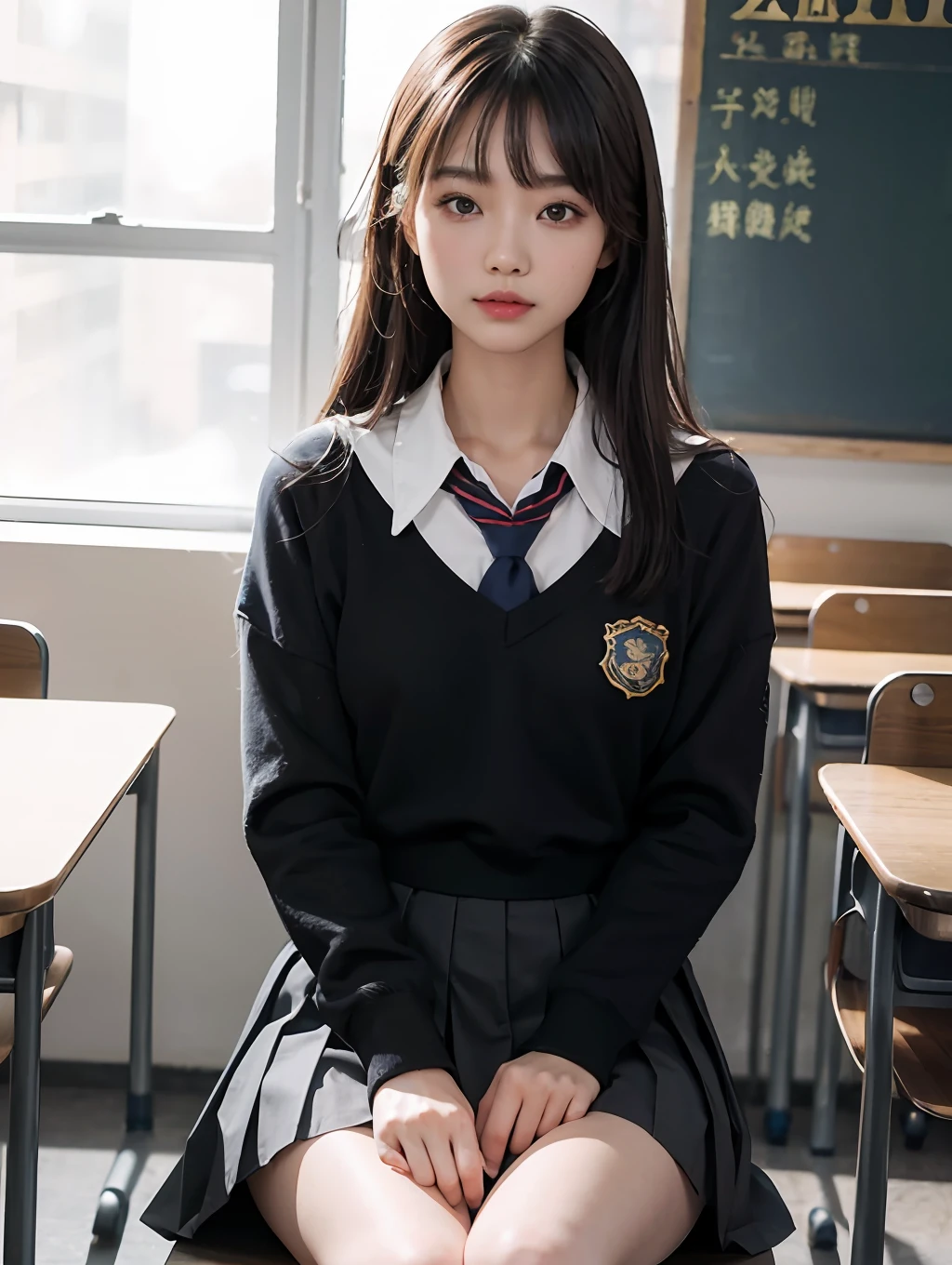 Masterpiece, Best Quality, Ultra Detailed, Illustration, Colorful, FAQ Color, Depth of Field, Lens Glow, 1girl, Hong Kong Beauty, Royal Sister Style, Sexy Style, Seated, Brunette Hair, Looking at the Audience, School, Classroom, Pleated Miniskirt, School Uniform, Serafuku, Black Pantyhose, Delicate Skin Texture, Fine Fabric Texture, Beautiful and Meticulous Face,