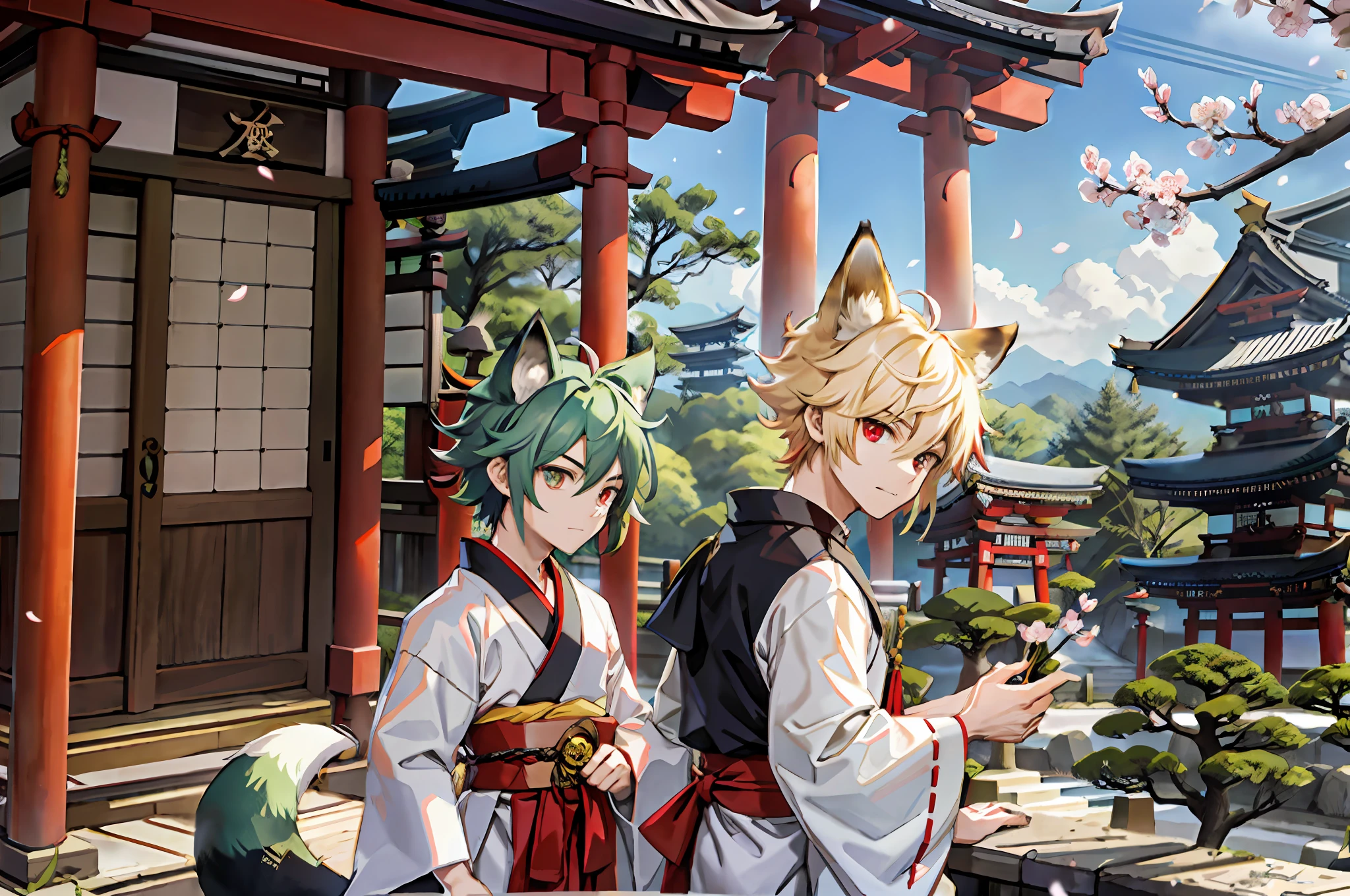 (Representative work: 1.4, highest quality, 8k), (2 boys: 1.6), (blonde spiked hair and red eyes, fox ears and tail: 1.1), (short green hair and big eyes, raccoon ears and tail: 1.2), (Japan Shinto priest, white and light blue hakama: 1.3), cherry blossom viewing on the balcony, background is a temple in Kyoto.