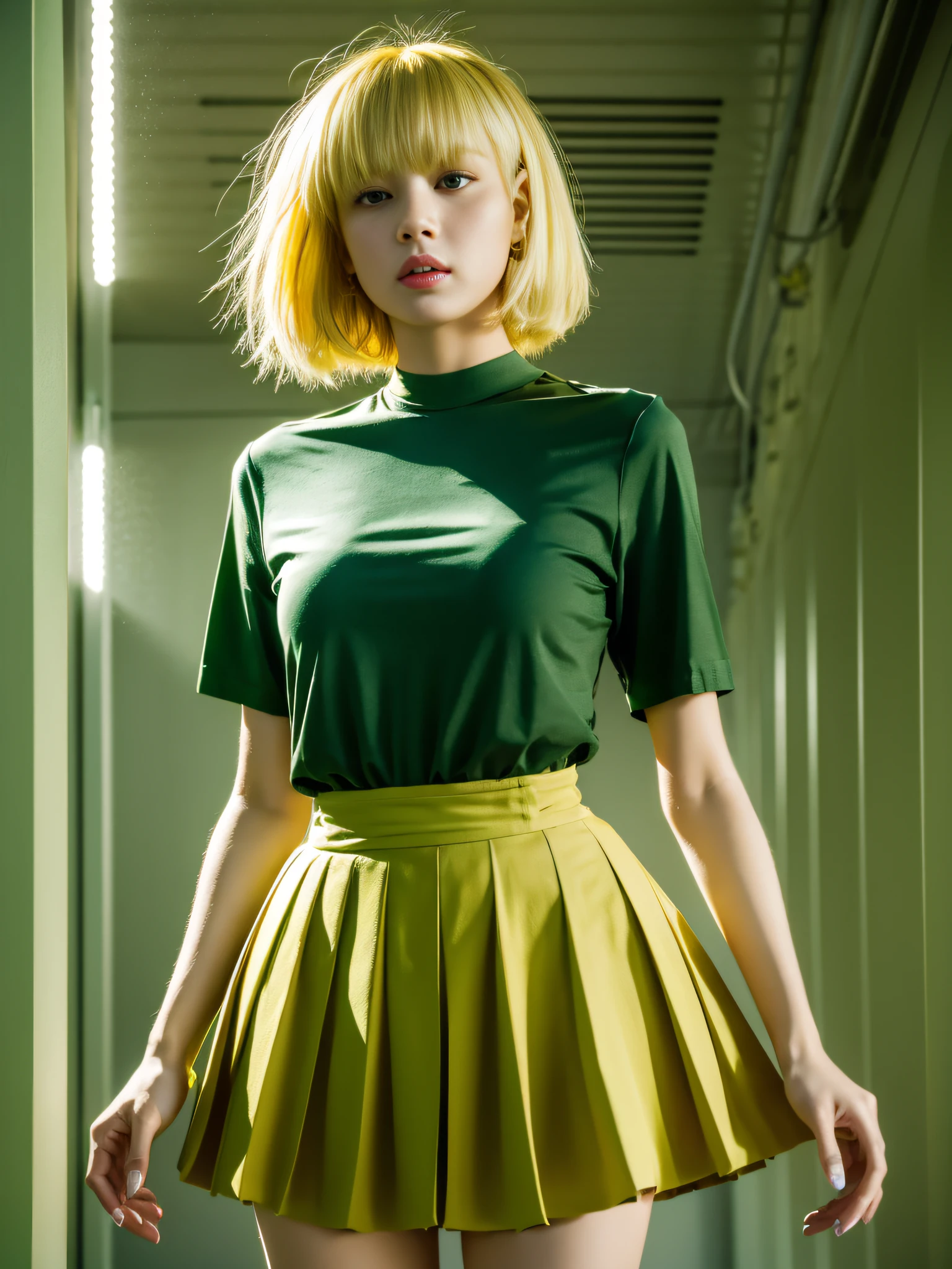 Yellow hair, wearing green T-shirt, open waist, pleated skirt, long legs, masterpiece, superlative, realistic, HD, photography lighting, 16k